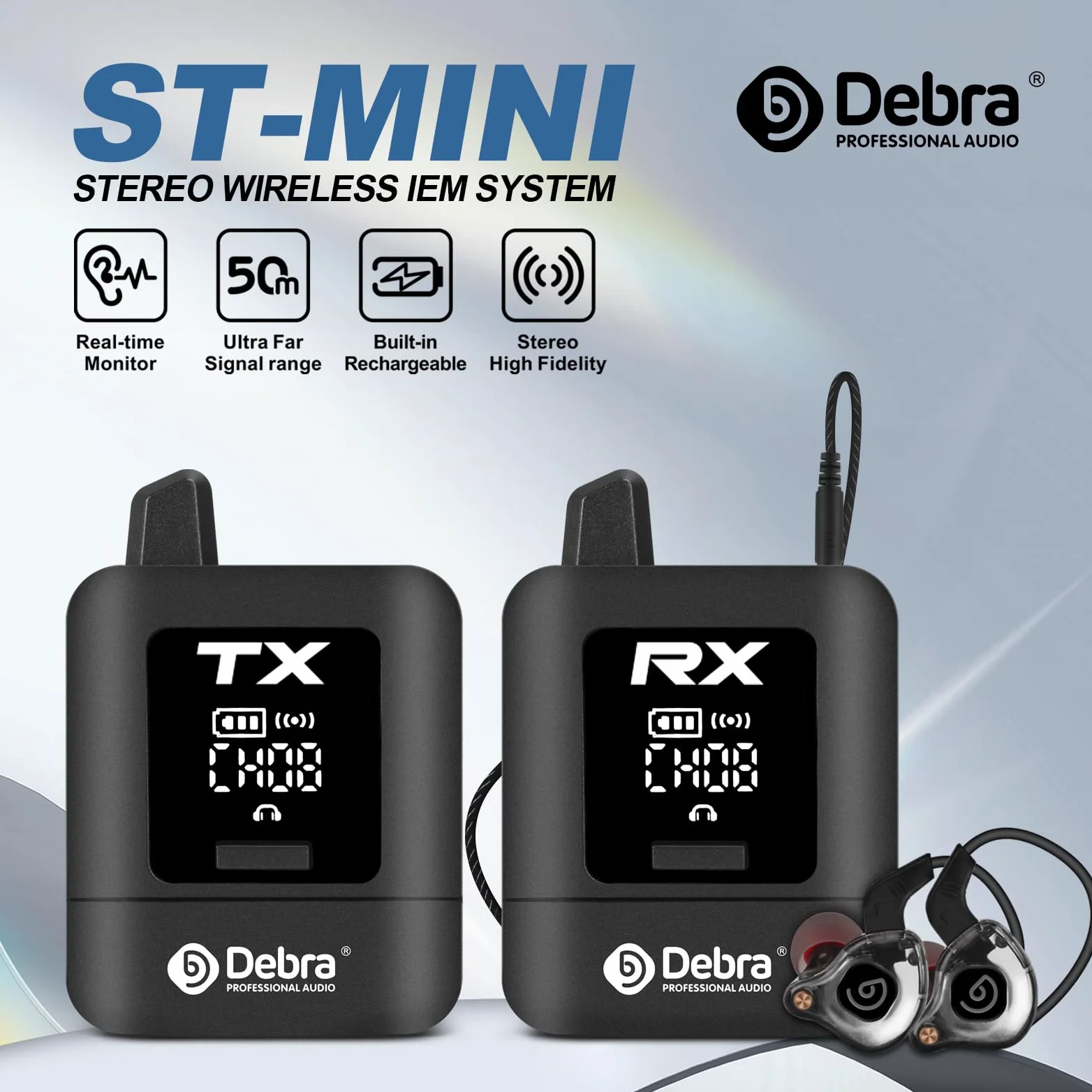 Debra ST-Mini Sistema IEM Professionale – Trasmissione Wireless 2.4G a 50m, Autonomia Prolungata, Ricevitori Illimitati Nero