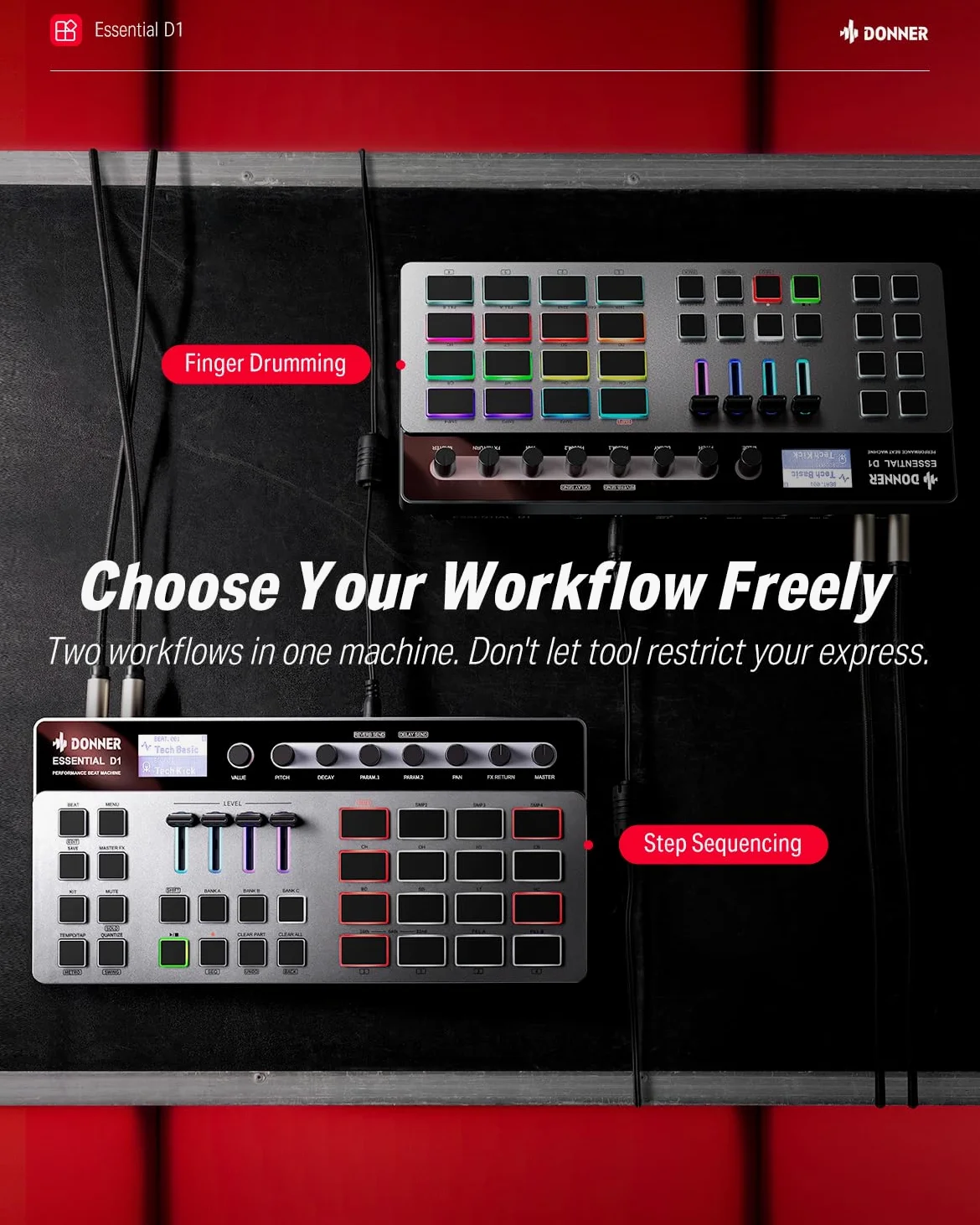 Donner Essential D1 Finger Drum Machine & Step Sequence Combinato, Boast Color-Coded UI, 12 tracce Sample, 16 RGB Beat Pad, 64 Modelli di Battitura Preimpostati, 5 Encoder Senza Fine