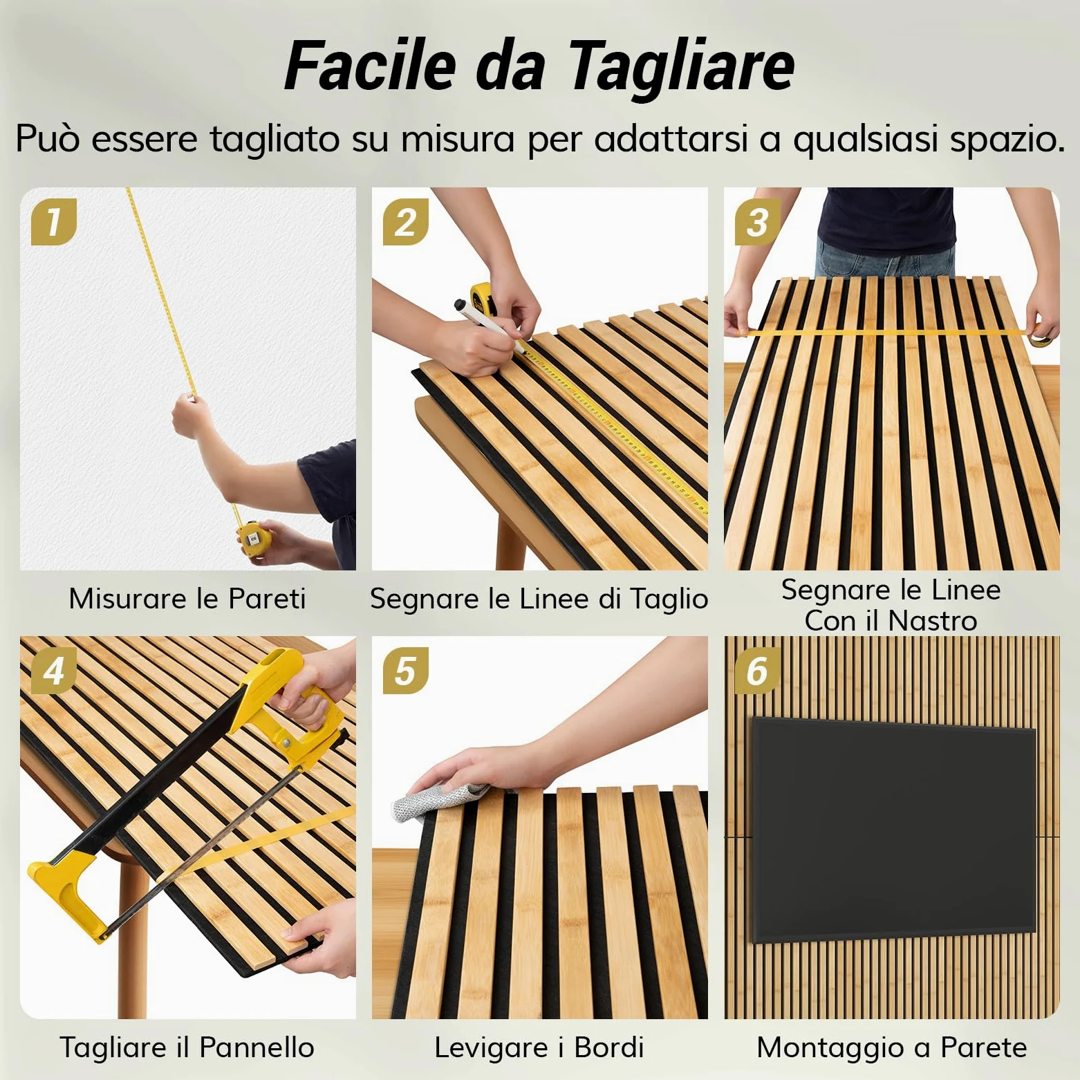 TONOR Set di 4 Pannelli Fonoassorbenti in Bambù Per Pareti, 110 x 52 x 1,7 cm Pannelli Acustici a Doghe Con Adesivo Completo, Pannello Insonorizzante per Parete Tv, Arredamento D'Interni, Casa, Porte