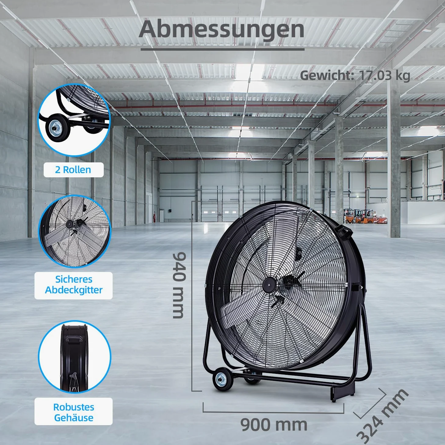 Be Cool Macchina eolica industriale 75 cm BCIWM75 cm – Ventilatore a tamburo guidabile, Ø 75 cm (30"), 300 Watt, motore in rame, 2 velocità, pale rotore in alluminio, griglia di protezione per
