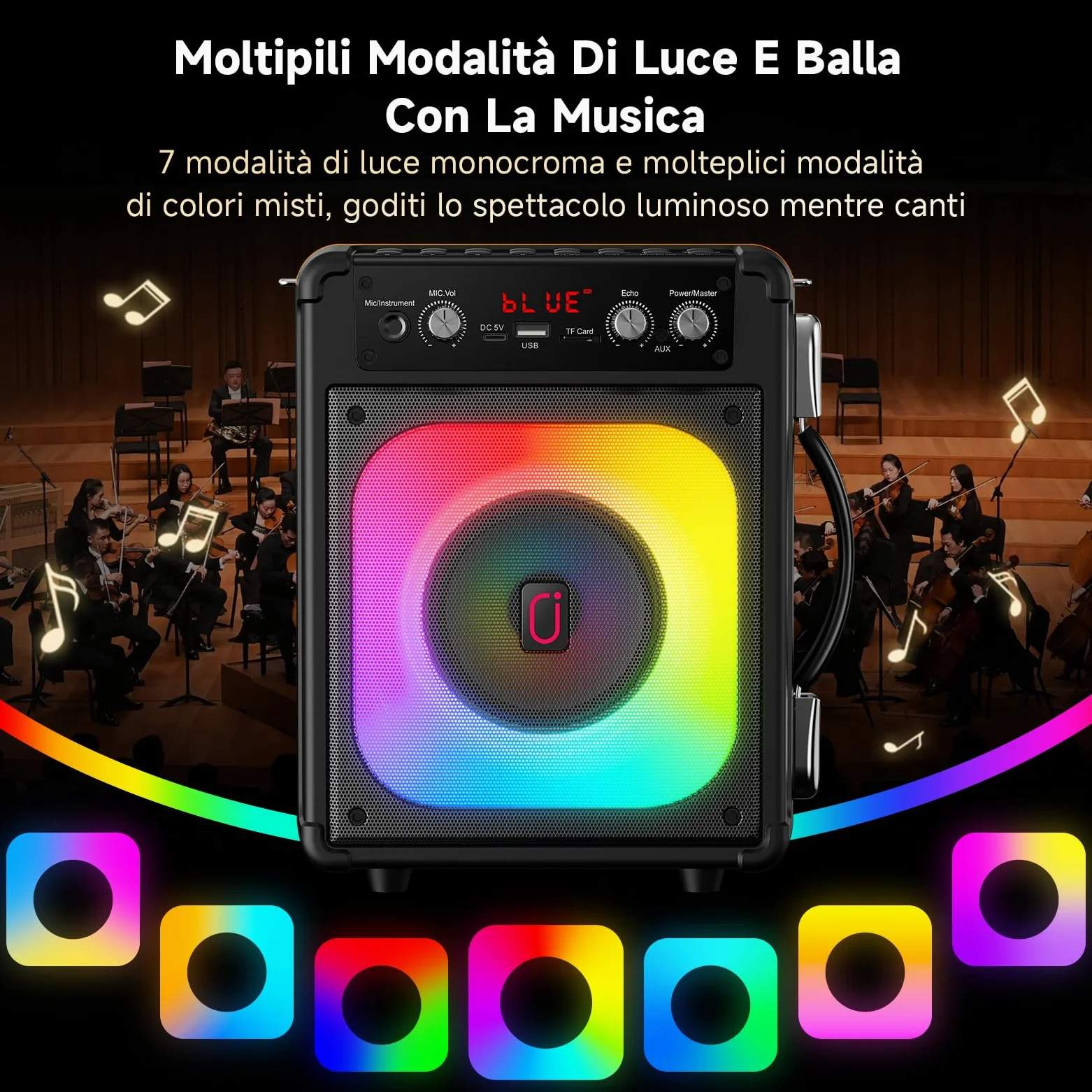 HWWR Karaoke con 2 Microfono, 60W Cassa Bluetooth 5.3 Subwoofer da 6,5, 12 Ore Riproduzione, Karaoke Portatile per Adulti/Bambini con Effetti Luce LED, Festa/Casa/Compleanno
