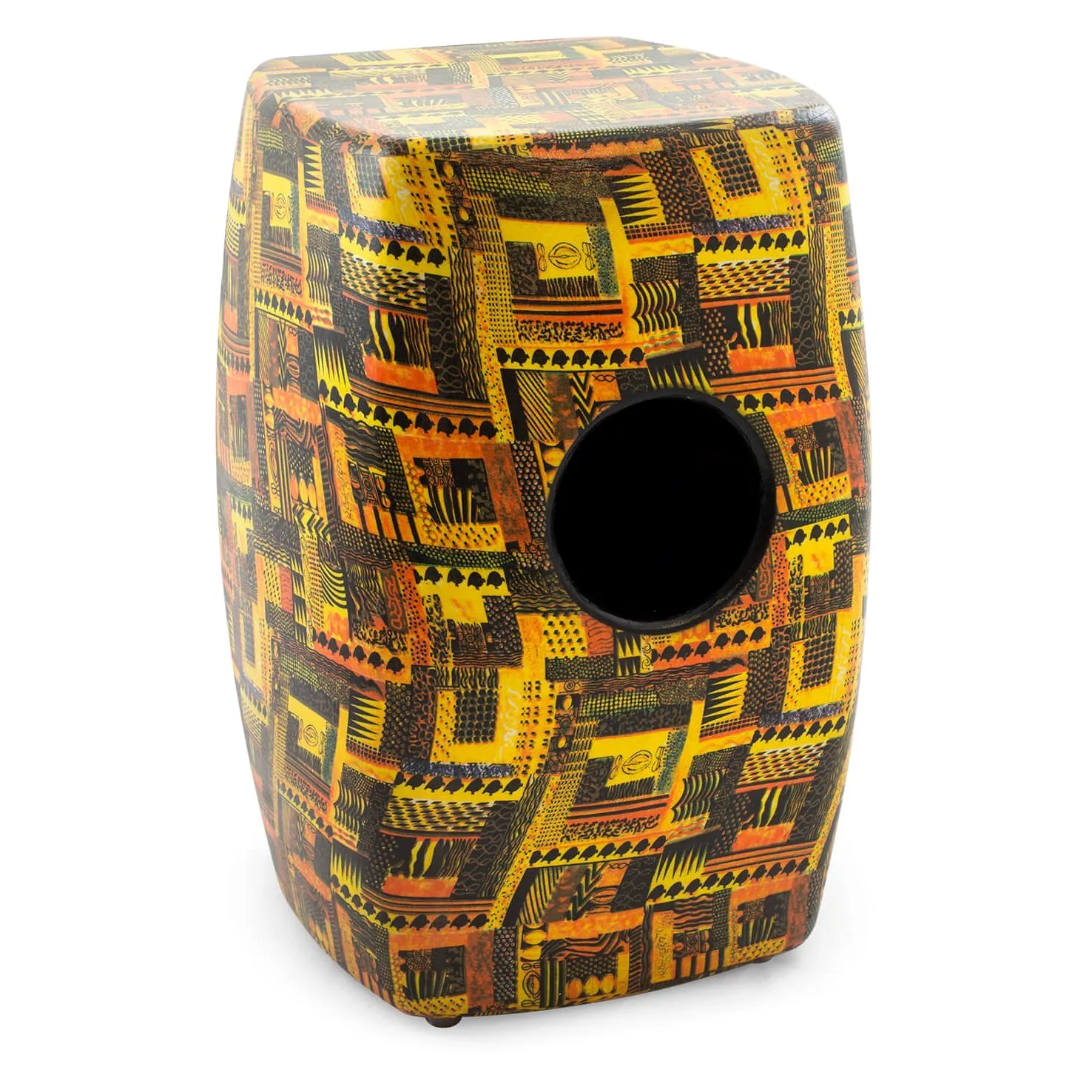 CAJ3-DK Tamburo Cajon con Superfice Rifinita in Stile Zebrano, Design Tribale Giallo e Arancione