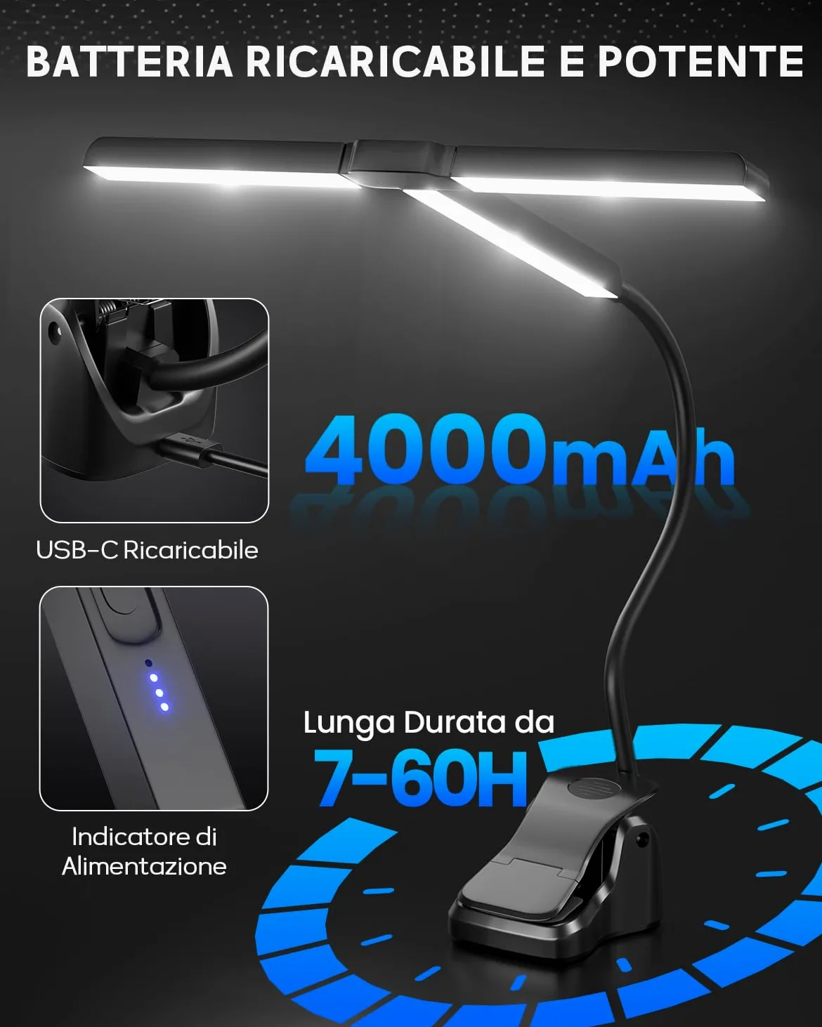 Ultra-Ampia 36CM Luce da Leggio Musicale a Pinza, 57 LED Super Luminosi, 4 Colori x 3 Luminosità, Pieghevole Forma-T Lampada Pianoforte per Spartiti e Lettura Libri, Ricaricabile USB-C