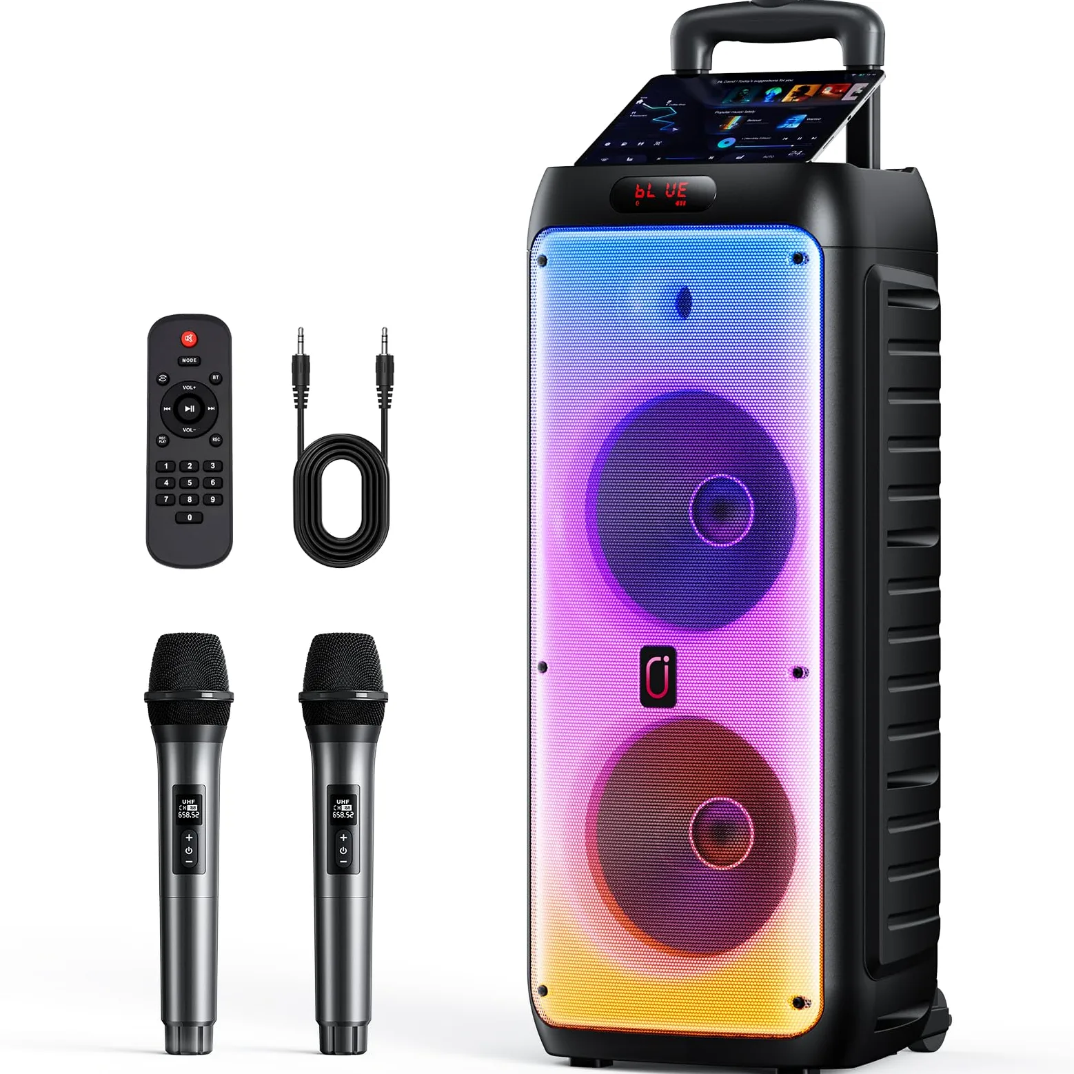JYX Sistema Karaoke con 2 Microfoni Wireless, Altoparlante Karaoke Bluetooth Portatile Professionale con Luci LED, Ideale per Feste in Famiglia e Regali, Supporta USB/TF/AUX/MIC/TWS