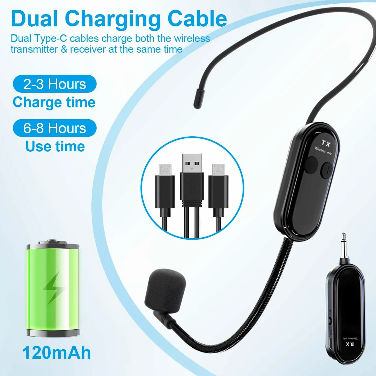 Microfono Wireless ad Archetto Wireless Auricolare/a Mano 2 in 1, UHF Wireless Microfono Ricaricabile Spina Jack da 6,35mm e 3,5mm per Amplificatore Vocale, Fitness, Insegnamento, Tour, Sistema PA