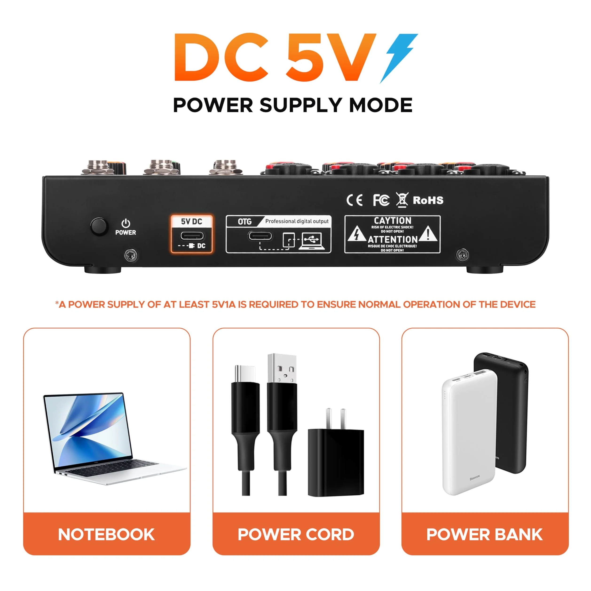 Mini6 Mixer Audio Professionale per DJ – Mixer a 6 Canali con Interfaccia USB, Bluetooth e Alimentazione Phantom 48V – Ideale per Streaming, Podcasting e Performance Live