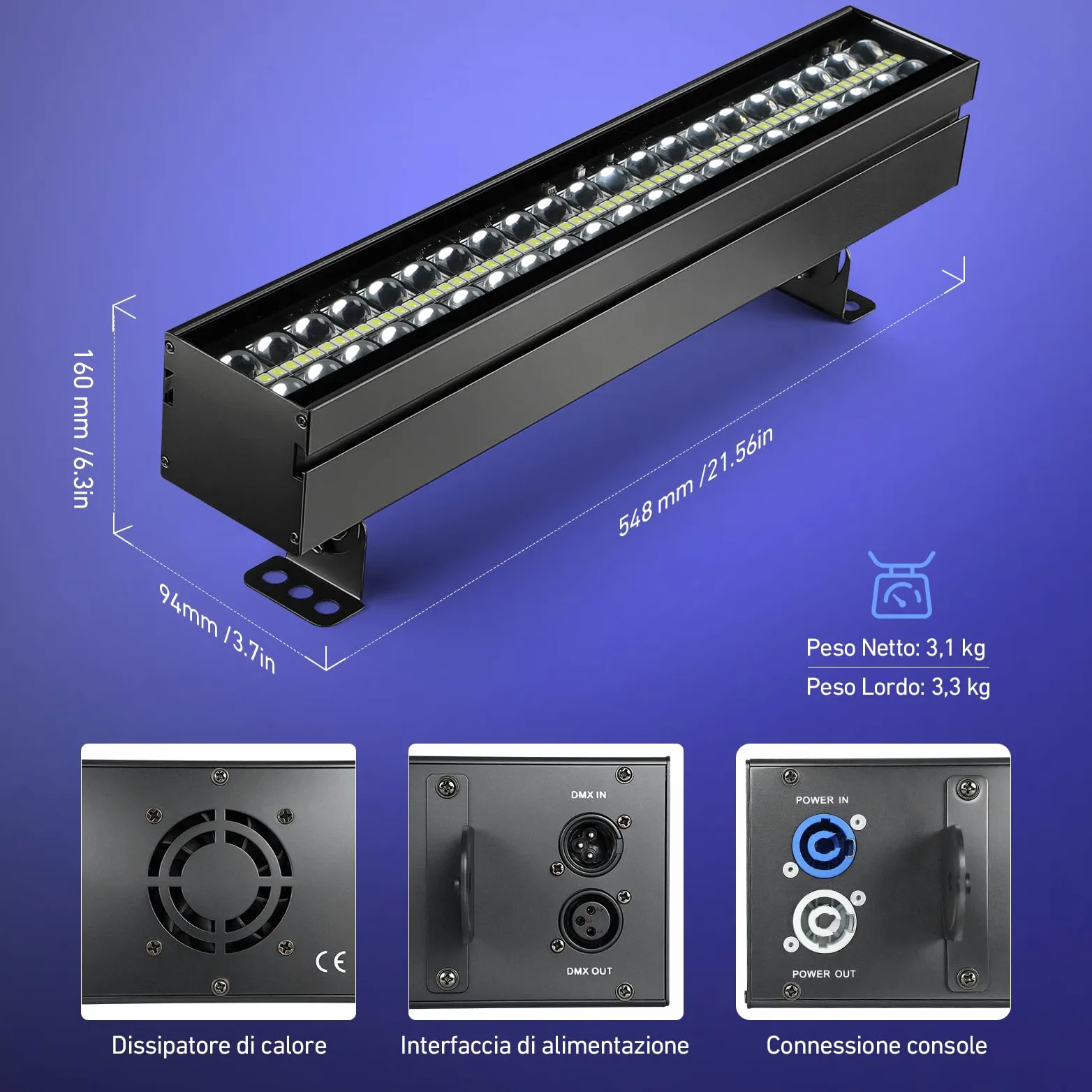 BETOPPER Barra Luce LED 105W RGBW, PAR LED DJ con DMX512, Controllo Audio, Effetti Beam/Wash/Strobe e Mappatura Pixel per Illuminazione Stage, Club, Concerti ed Eventi