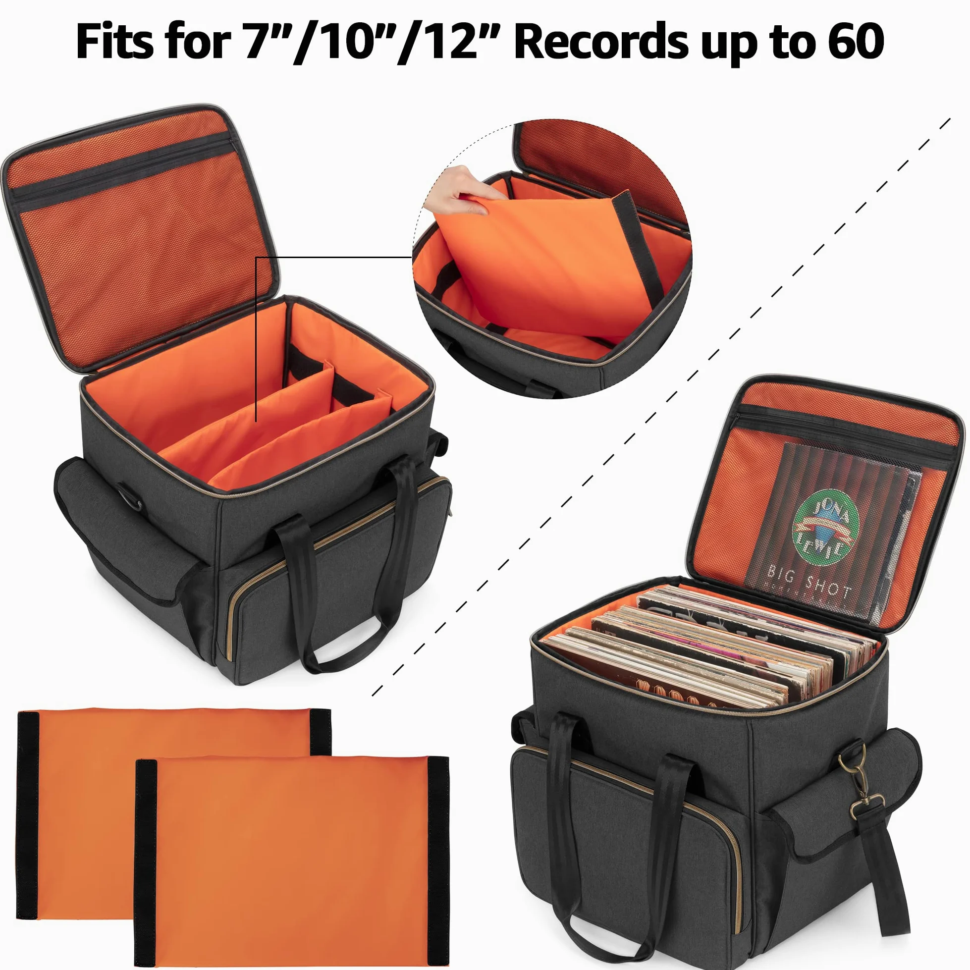 Trunab Borsa per Dischi Vinile in Nylon Impermeabile Leggera Robusta di Grande Capacità - Compatibile con 60 LP, Ideale per Trasportare Vinili con Tracolla e Maniglia