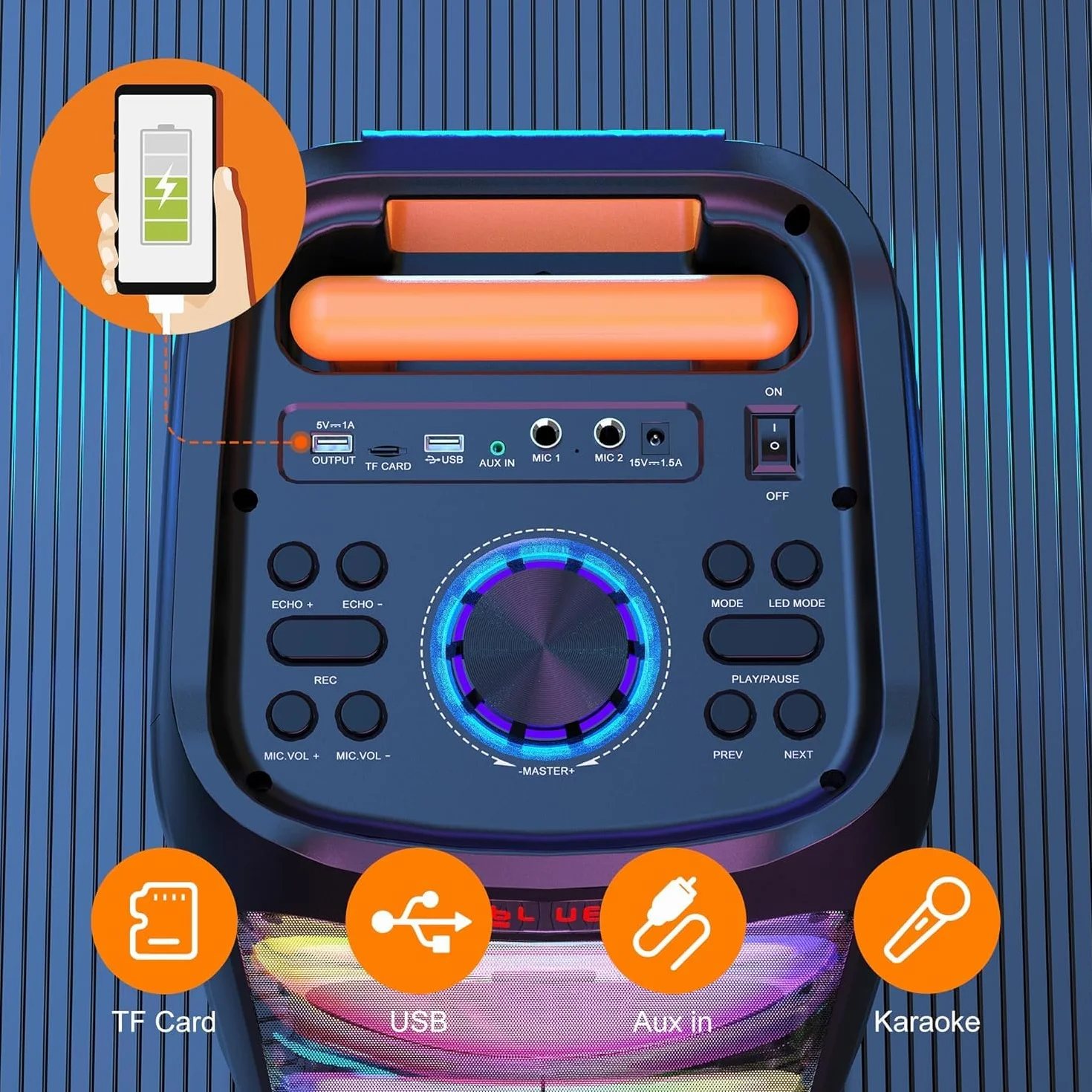 HWWR Karaoke con 2 Microfoni Wireless per Adulti, Altoparlante Bluetooth da 8" con potenza di picco di 500W, Sistema PA con Luce Discoteca LED, Ruote Rotanti e Carrello, Perfetto per Casa all'Aperto