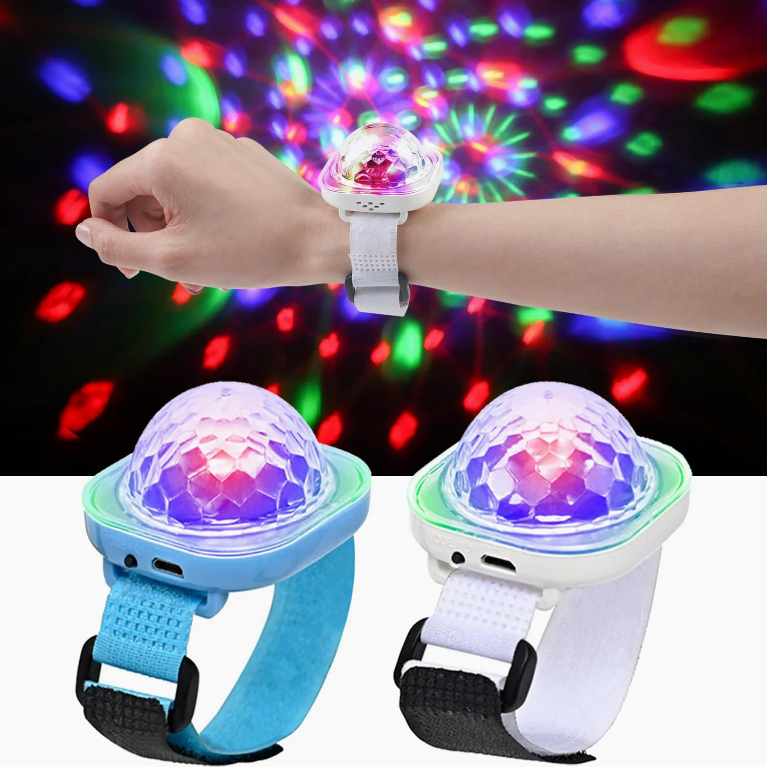 Orologio da polso a LED con sfera da discoteca, multicolore con luce attivata dal suono, in silicone, stile moderno (bianco + blu)