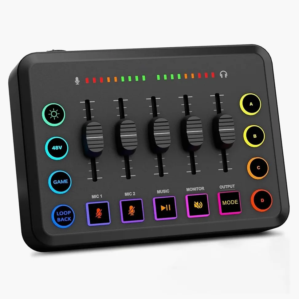 Mixer audio da gioco, mixer streaming RGB PC con interfaccia microfono XLR, volume fader, alimentazione phantom 48 V per podcast