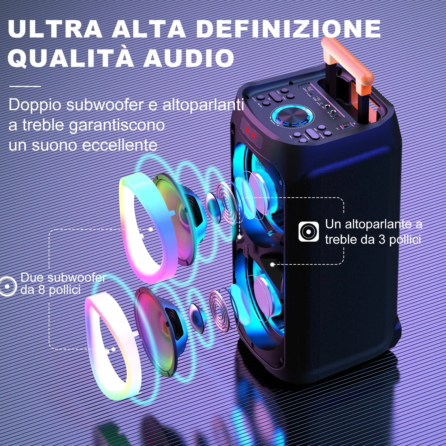 HWWR Karaoke con 2 Microfoni Wireless per Adulti, Altoparlante Bluetooth da 8" con potenza di picco di 500W, Sistema PA con Luce Discoteca LED, Ruote Rotanti e Carrello, Perfetto per Casa all'Aperto
