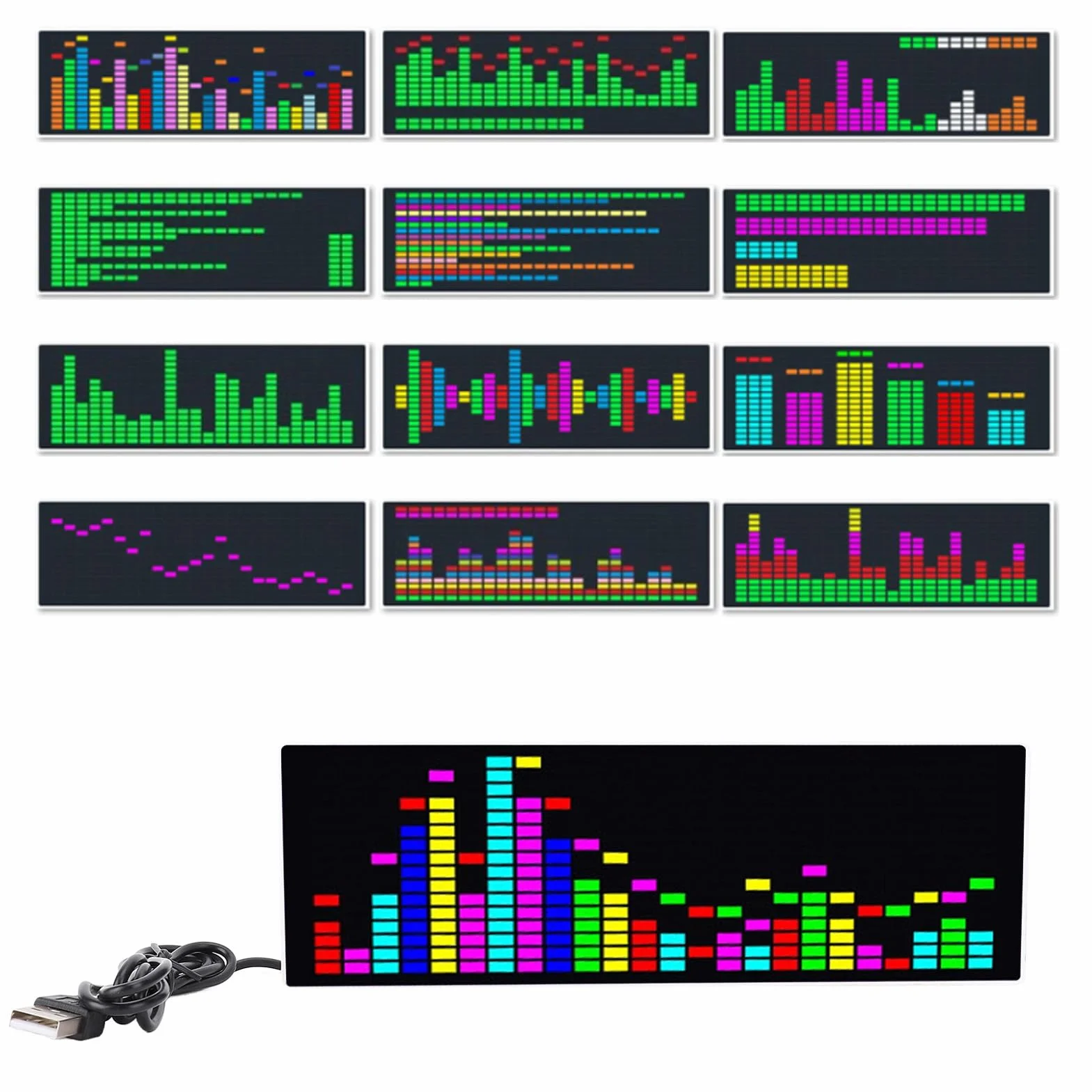 Display dello spettro musicale, analizzatore musicale a LED, analizzatore dello spettro audio, misuratore di controllo del suono colorato, 12 effetti dinamici e 7 effetti cromatici