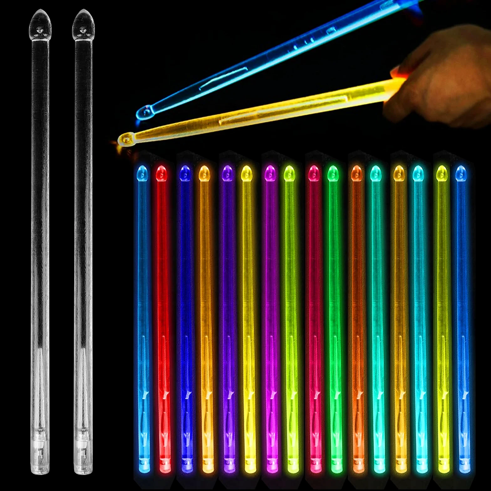 Bacchette per batteria 5A LED luminose ricaricabili, bacchette per batteria con luci fantastiche in materiale polimerico PC per set di batteria, perfette per percussioni e strumenti musicali, 15