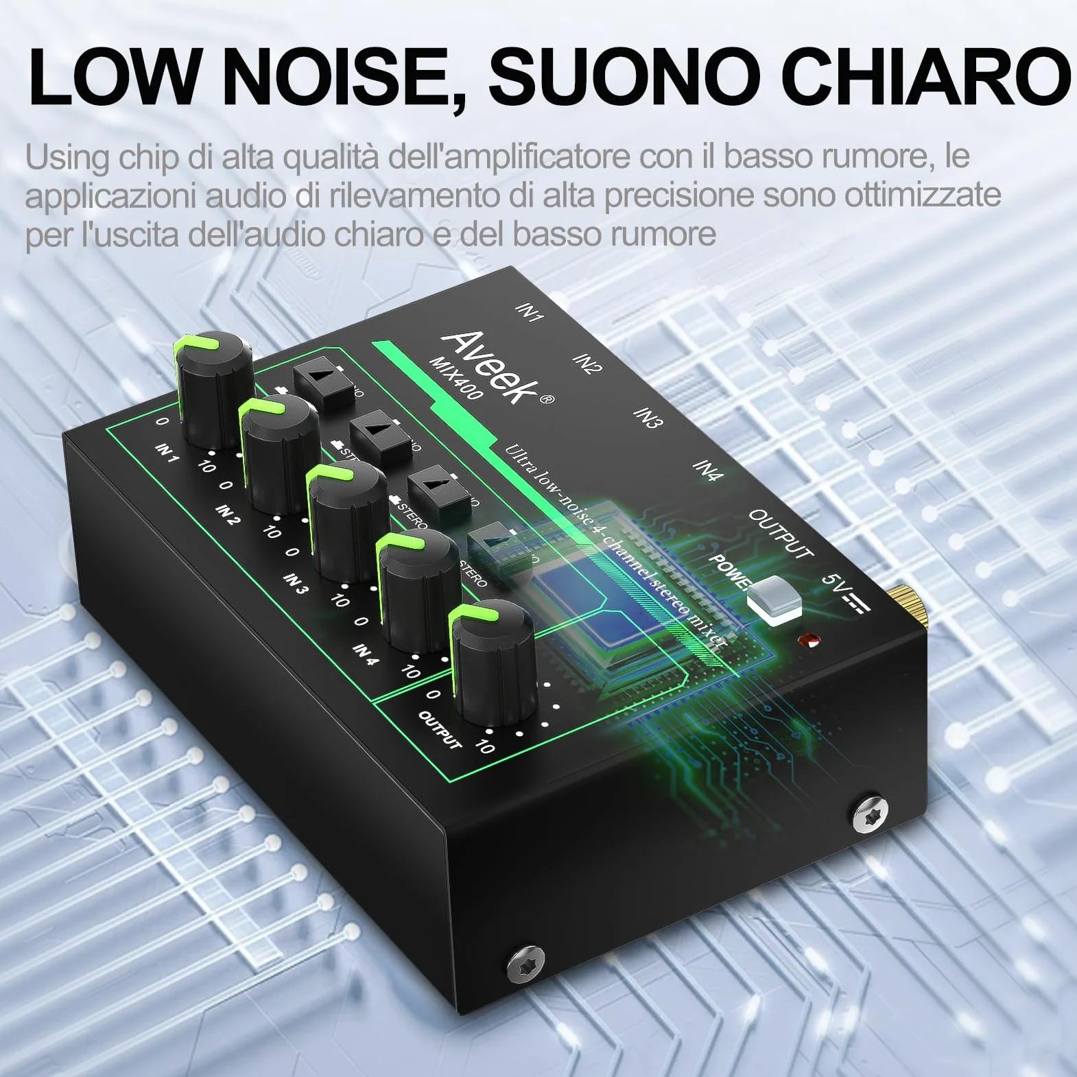 Aveek Mini Line Audio Mixer - Mixer audio piccolo a 4 canali con commutazione stereo/mono e funzionamento a basso rumore per sub-missaggio di precisione, ingresso/uscita TRS da 1/4", ideale per