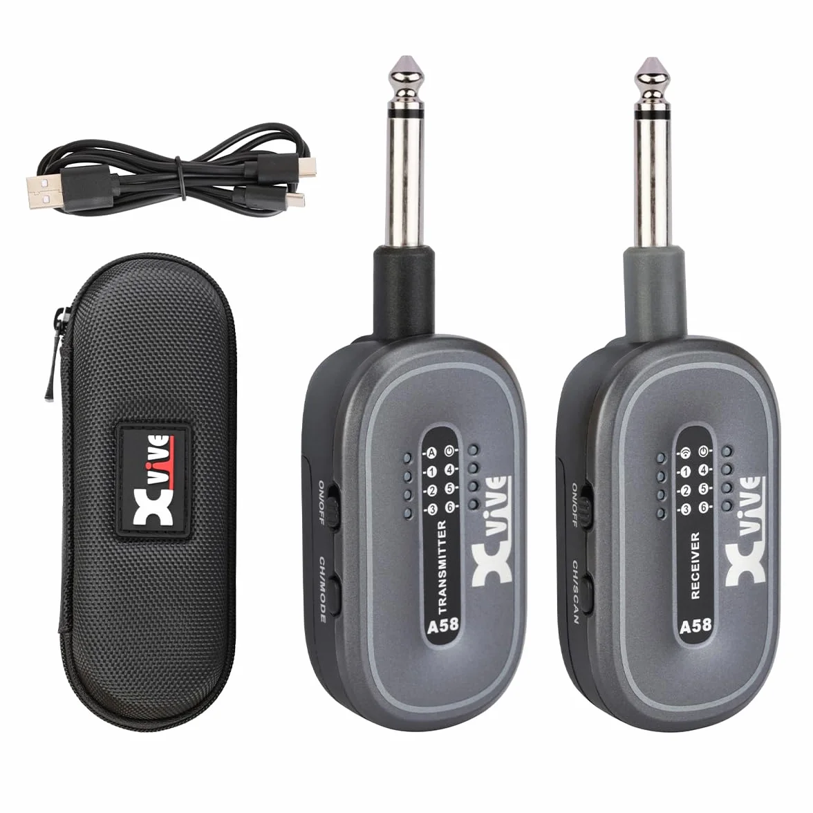 XVIVE A58 - Sistema Wireless Digitale per Chitarra Elettrica Acustica e Basso, Trasmissione in Banda 5,8Ghz - Fino a 5 Ore di Autonomia, Custodia e Doppio Cavo USB per Ricarica Inclusi, Jack Snodati