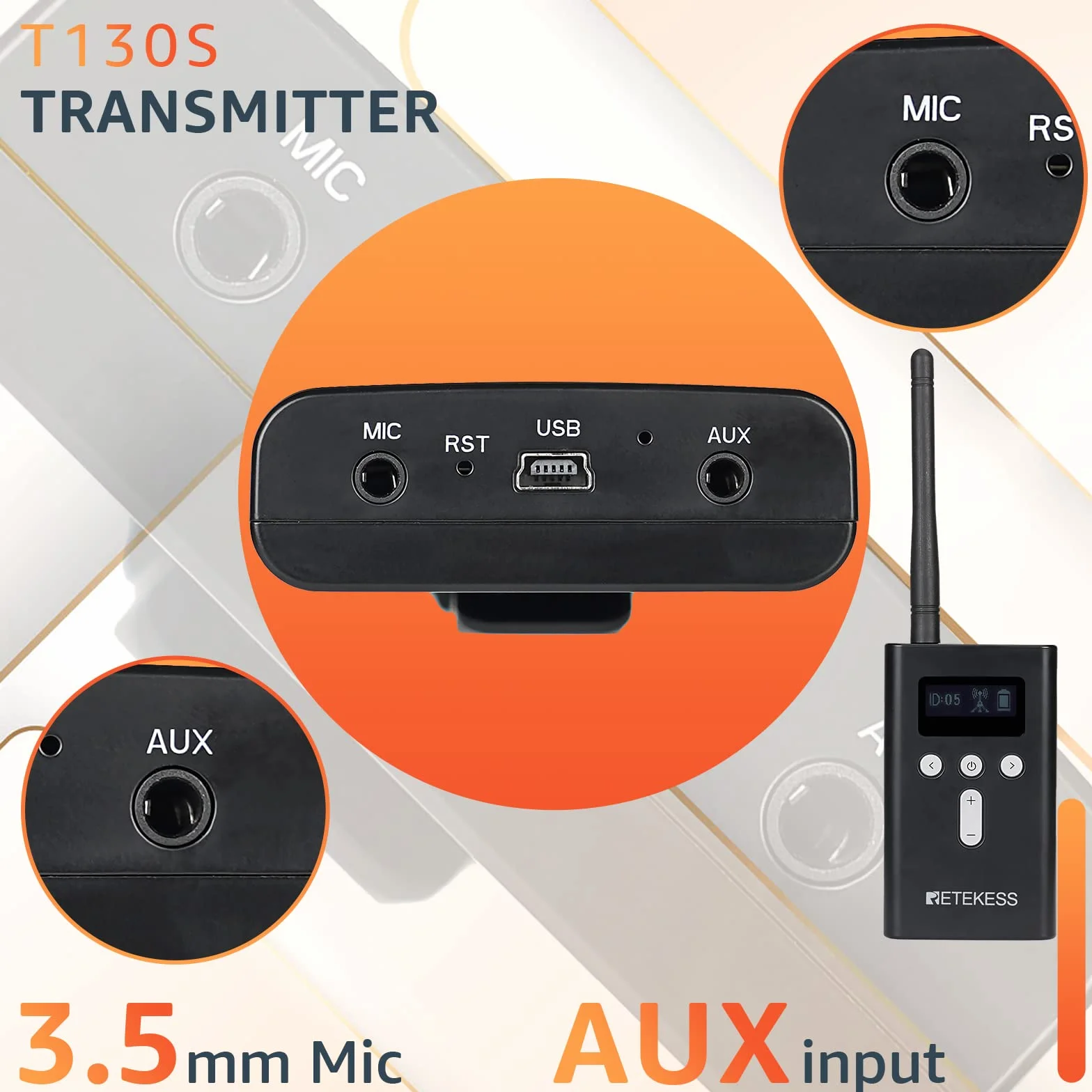 Retekess T130S (T130 2rd) Sistema di Audio guida, Sistema di Guida Wireless, Operazione con un Clic, 100m, Cuffia D, Tasto Muto, per Turismo, Fabbrica (1 Trasmettitore 5 Ricevitori)