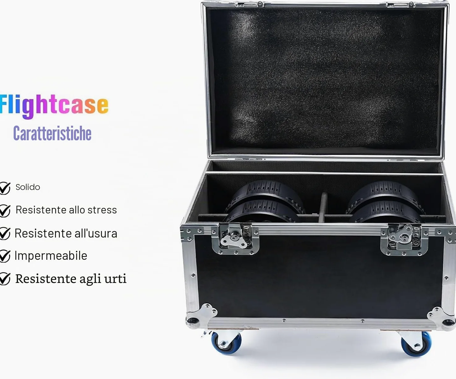 Flightcase per 180W Par LED, 62,5 x 41 x 45,5 cm, 15,3 KG, Valigetta di trasporto con Ruote e Maniglia Retrattile per un Facile Trasporto per Luci Par da Palco