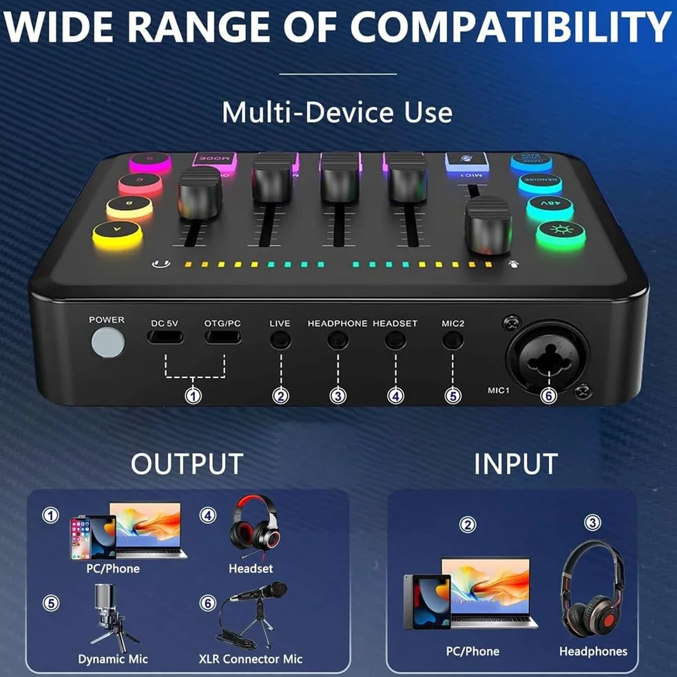 Mixer audio da gioco, mixer streaming RGB PC con interfaccia microfono XLR, volume fader, alimentazione phantom 48 V per podcast