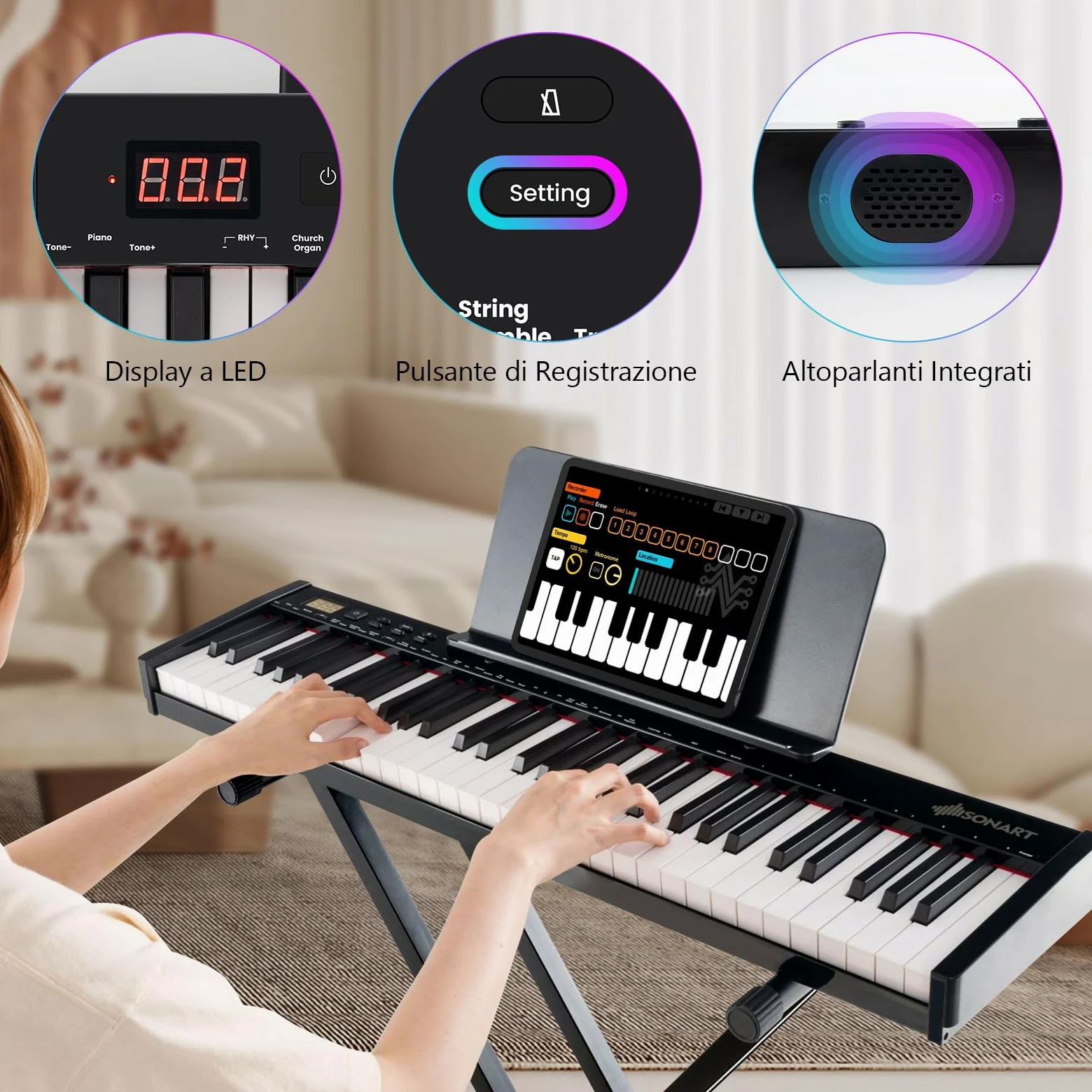 GYMAX Pianoforte Digitale 61 Tasti, Tastiera con Supporto e Sgabello Regolabili, Tasti Semi-Pesati, Funzione MIDI Audio Wireless, Leggio per Musica, Pedale Sustain e Borsa, Nero