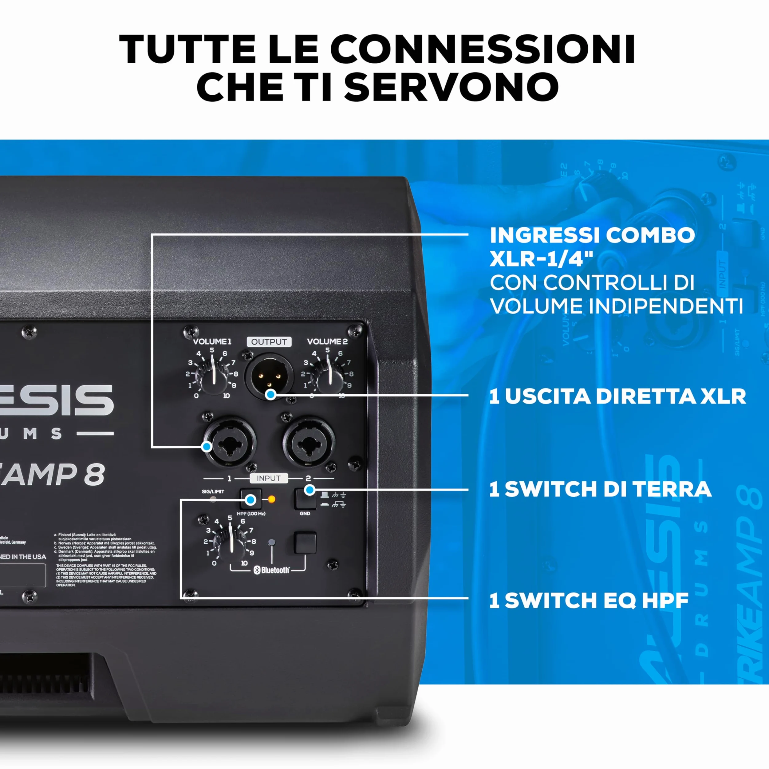 Alesis Strike Amp 8 MK2 - Amplificatore da 2000 W per batteria elettronica con Bluetooth, woofer da 8", EQ HPF e switch per messa a terra