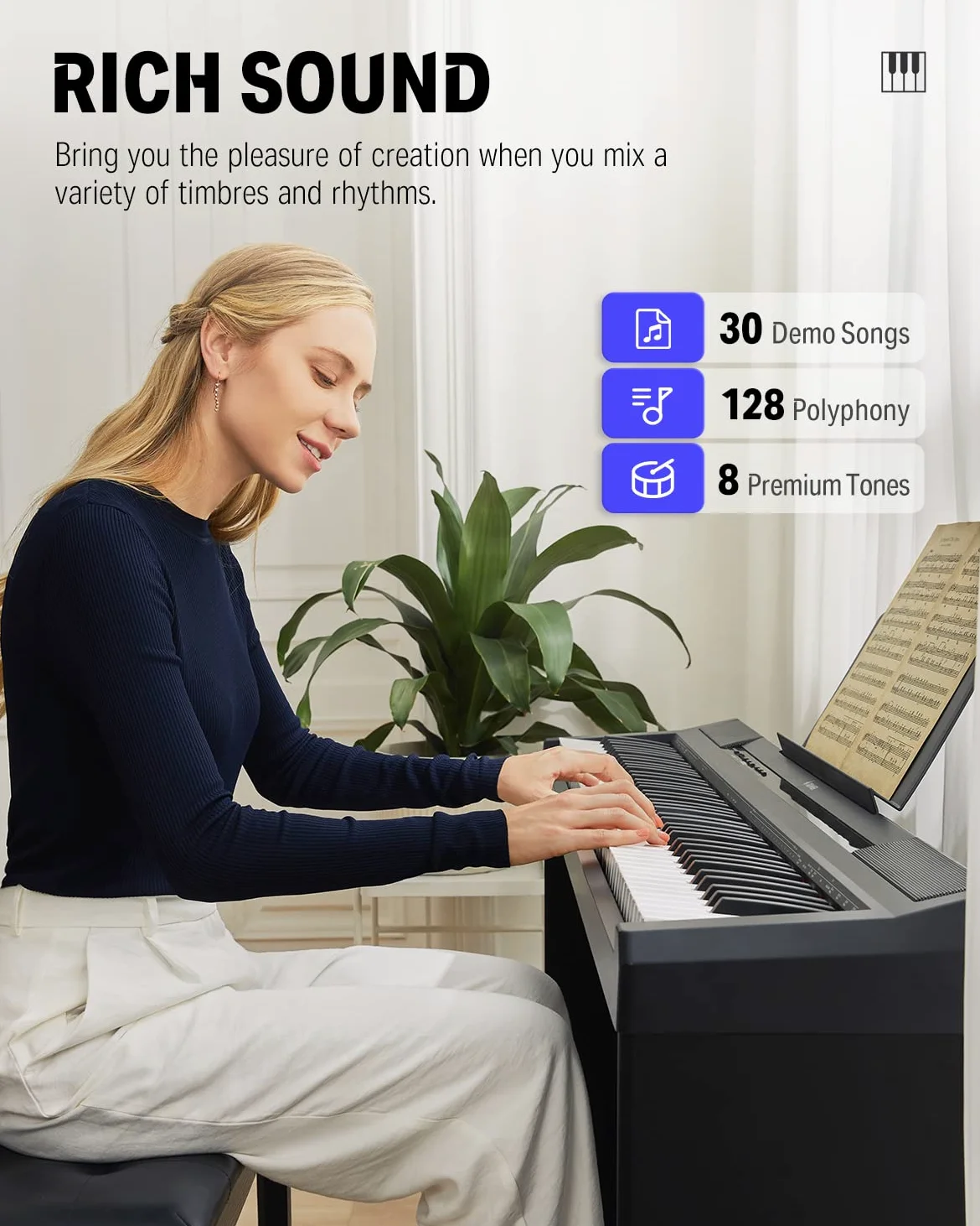 Donner Pianoforte Digitale Tastiera 88 Tasti Piano Elettrico Fullsize Semiweighted per Principianti con Supporto per Pianoforte e Pedale, DEP-10S