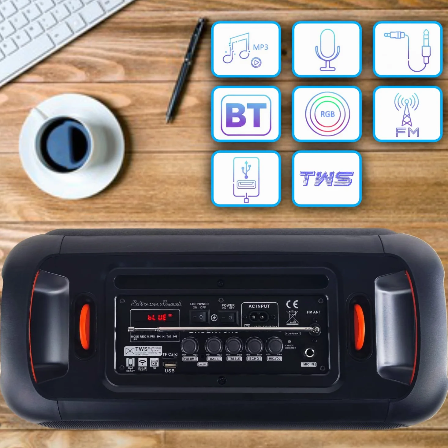 Cassa Portatile Bluetooth Ricaricabile – KIT Karaoke + 2 Microfoni - Autonomia fino a 48 ore - Radio FM, TWS, USB, AUX LED RGB, 2 Subwoofer16 cm -