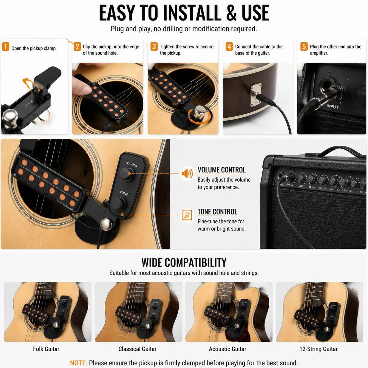 Pickup Chitarra Acustica 12 Fori Metal Magnetic Guitar Transducer Sound Pickups con kit di Accordatura del Volume e Cavo di Amplificazione per chitarra acustica e ukulele