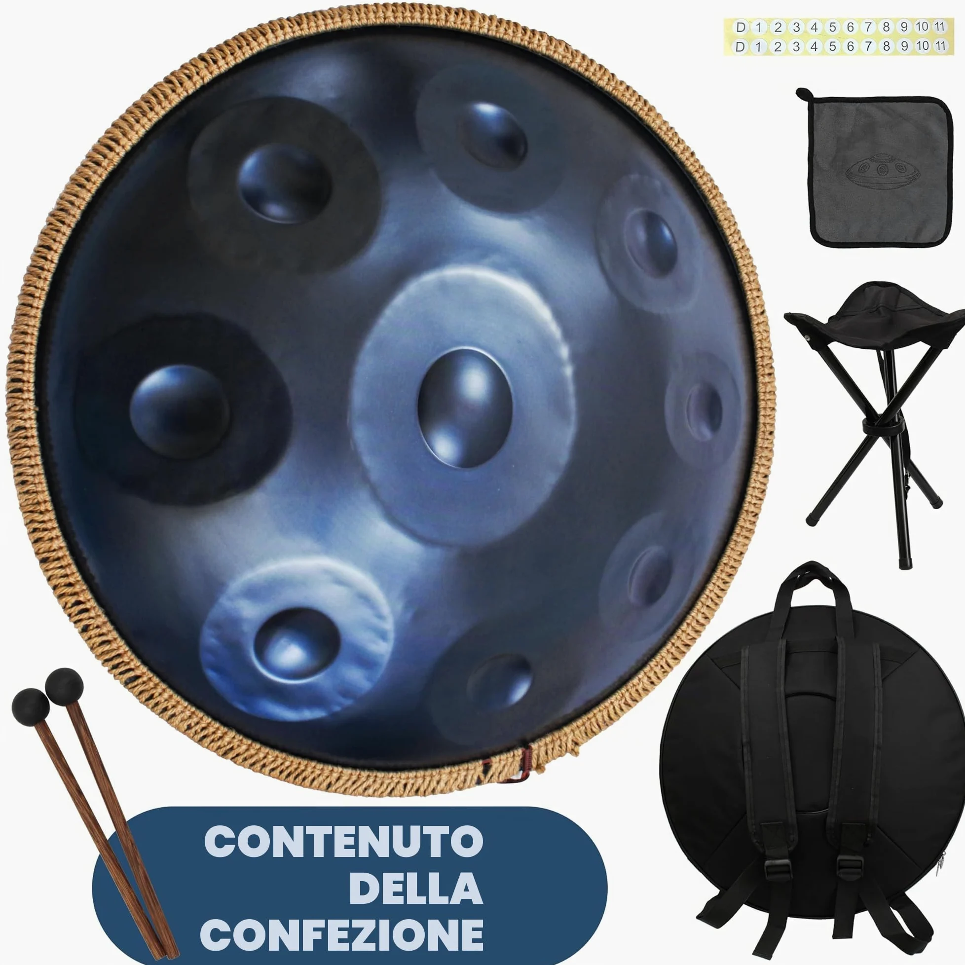 Blue Harmonic Handpan, tamburo a mano in D-Moll, 9 toni, 22 pollici, con custodia, percussioni per la guarigione del suono, meditazione personale, yoga