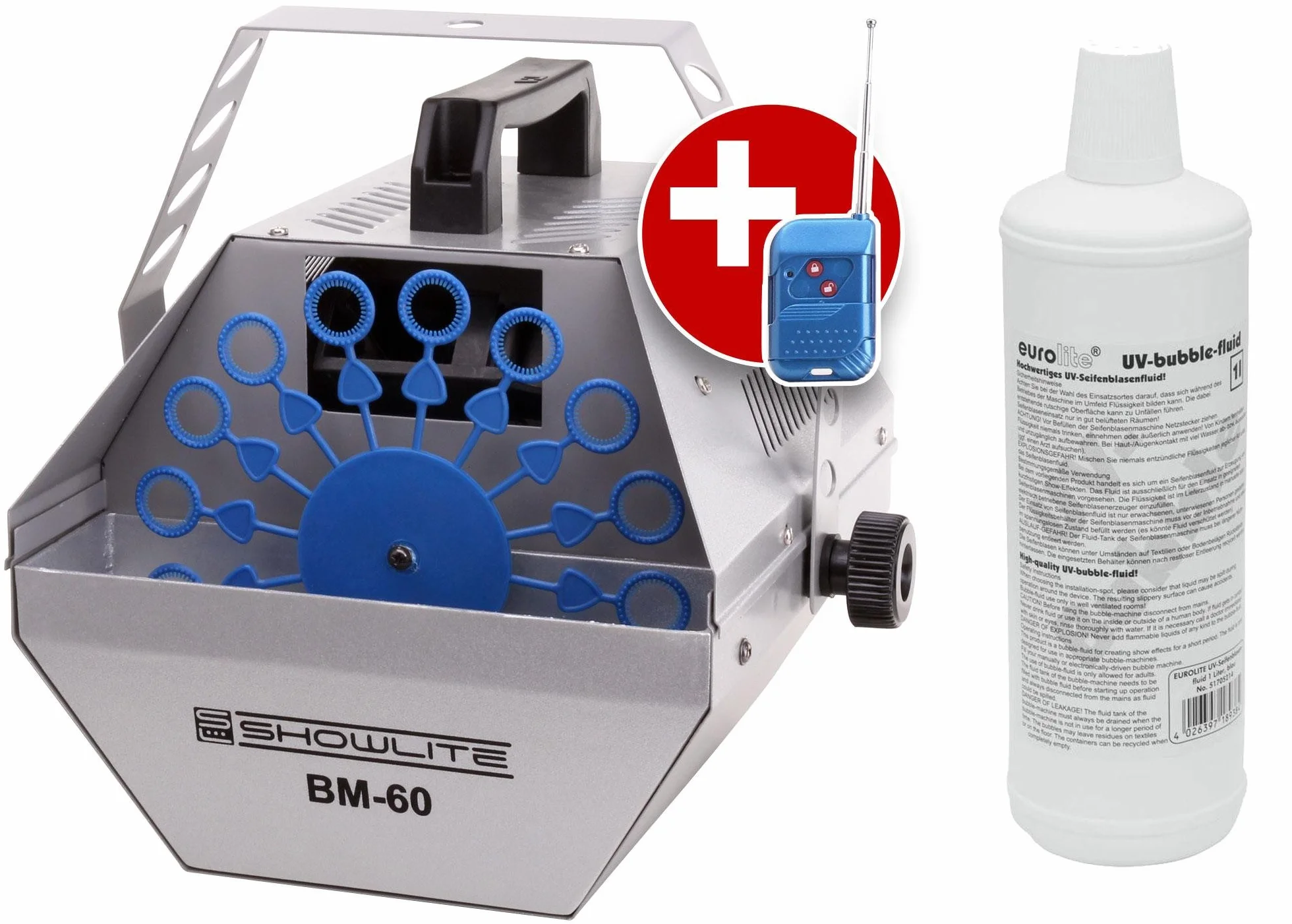 Showlite BM-60 Macchina per Bolle di Sapone 60W con Telecomando Wireless e 1L Eurolite Fluido UV blu (serbatoio 0,6l, 2-3 ore di funzionamento a serbatoio pieno, effetto festa, bolle da discoteca)