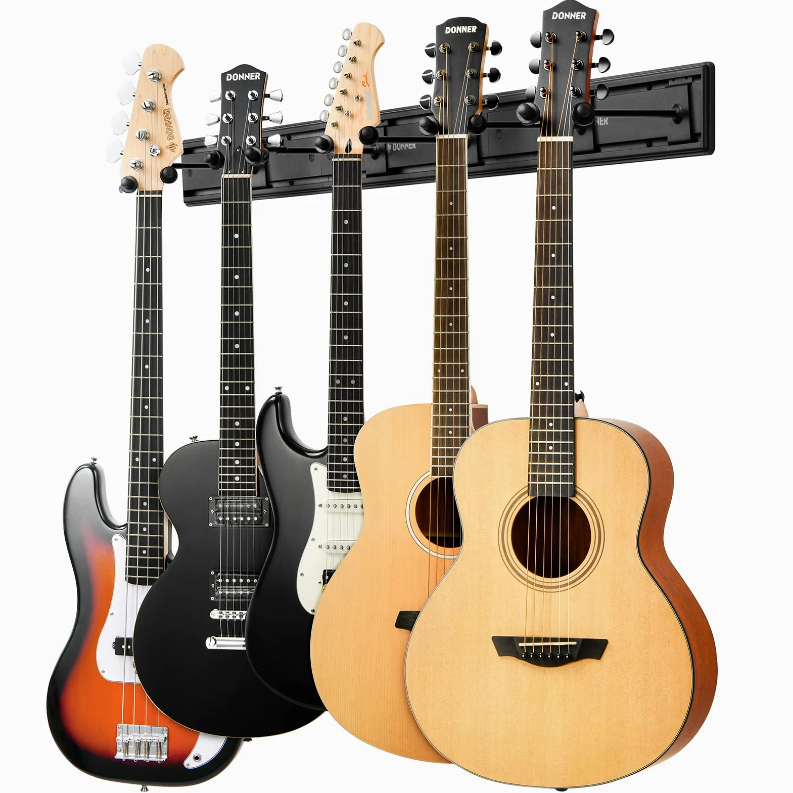 Donner 5 Guitar Wall Rack Supporto per Montaggio a Parete per Chitarra Nero con 5 Ganci per Chitarra Regolabili per Chitarre Elettriche Acustiche, Basso, Folk Ukulele