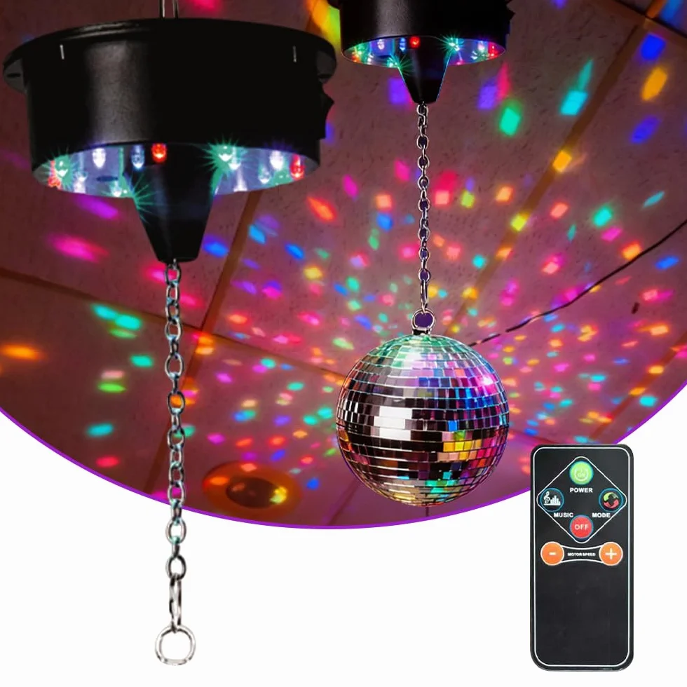 Motore Elettrico da Palla da Discoteca, ADDLIVE Motorino Elettrico da Palla Stroboscopica, Motore Elettrico Sup per Disco Ball, Velocità Massima 13R, 18 LED in 4 Colori per Disco Ball Fino a 5 KG
