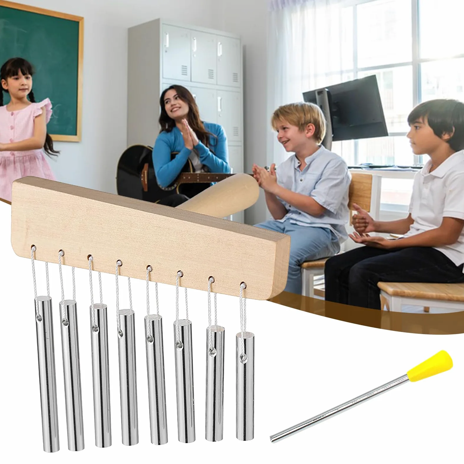 Chimes Percussion - Campana a mano in legno con 8 toni, strumento musicale con tubi in alluminio e bastone per scuola, yoga, giardino, soggiorno, casa, uomo e donna
