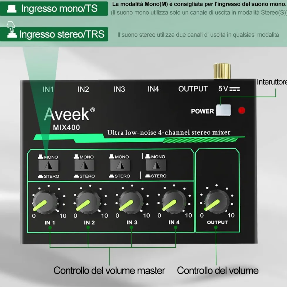Aveek Mini Line Audio Mixer - Mixer audio piccolo a 4 canali con commutazione stereo/mono e funzionamento a basso rumore per sub-missaggio di precisione, ingresso/uscita TRS da 1/4", ideale per
