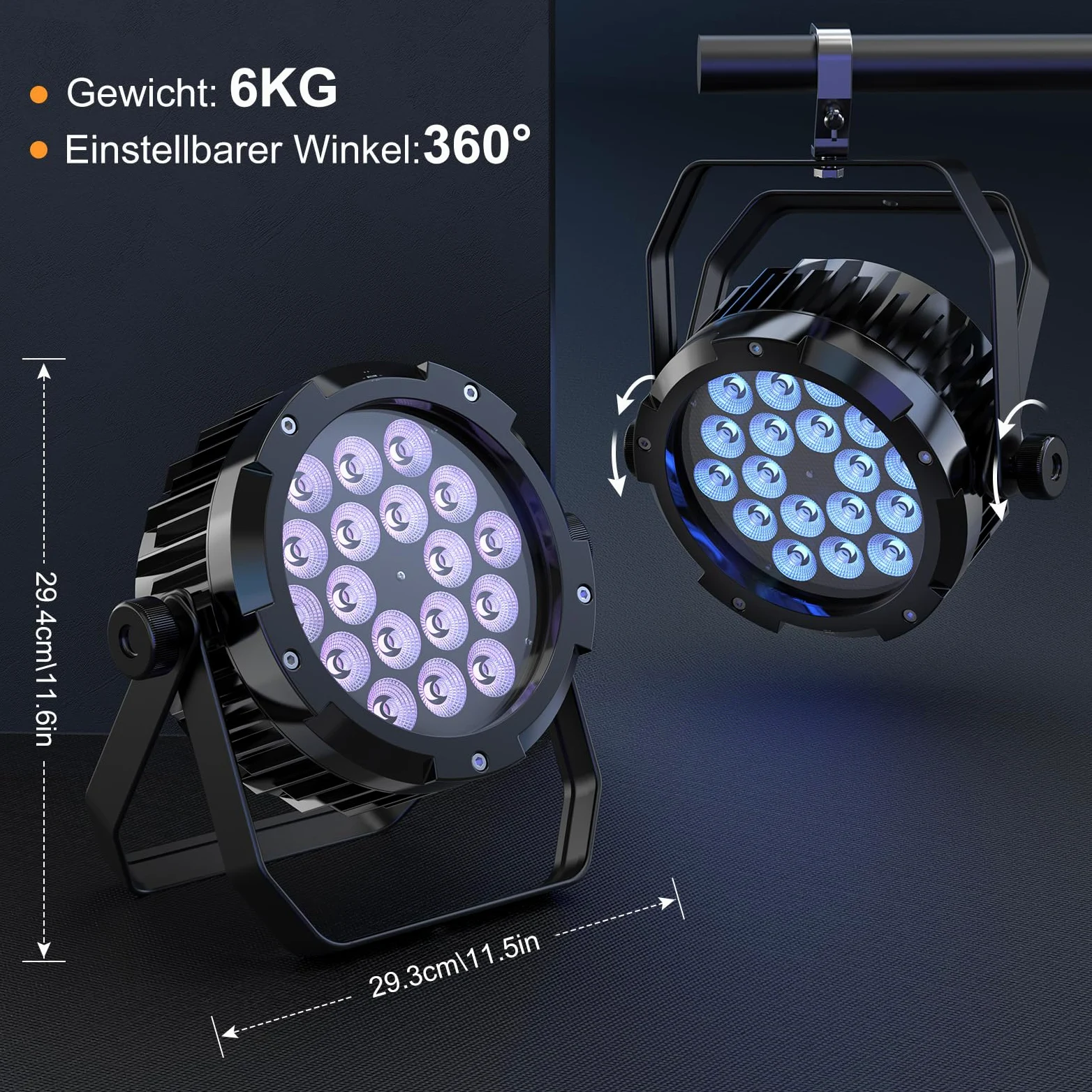 Impermeabile Par LED RGBWA+UV 6 in 1, 18 LED Luce di Scena con DMX-6/10CH y Efectos Estroboscópica, Illuminazione Palco per Discoteche, Matrimoni, Bar, Spettacoli, Piscina