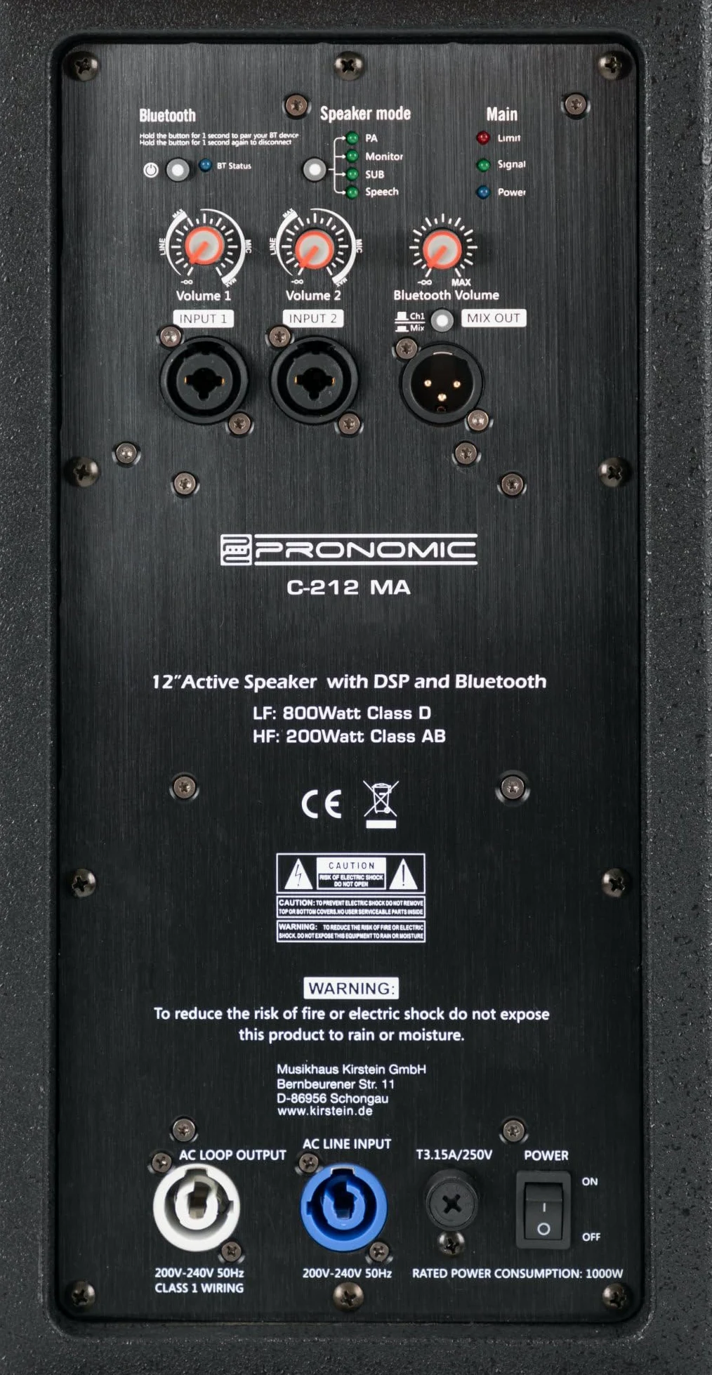Pronomic C-212 MA Set Stereo - Due casse attive 2 vie - Potenza: 2000 Watt - Woofer 12" + Tweeter 1,75" - Ricevitore Bluetooth e DSP-Preset - Cabinet in plastica con inclinazione monitor
