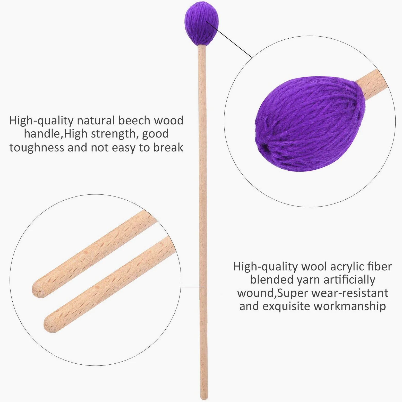 Dilwe 1 Paio di Bacchette per Bacchette Marimba a Testa Tonda in faggio con Manico per xilofono Accessori per Strumenti a percussione(Viola)