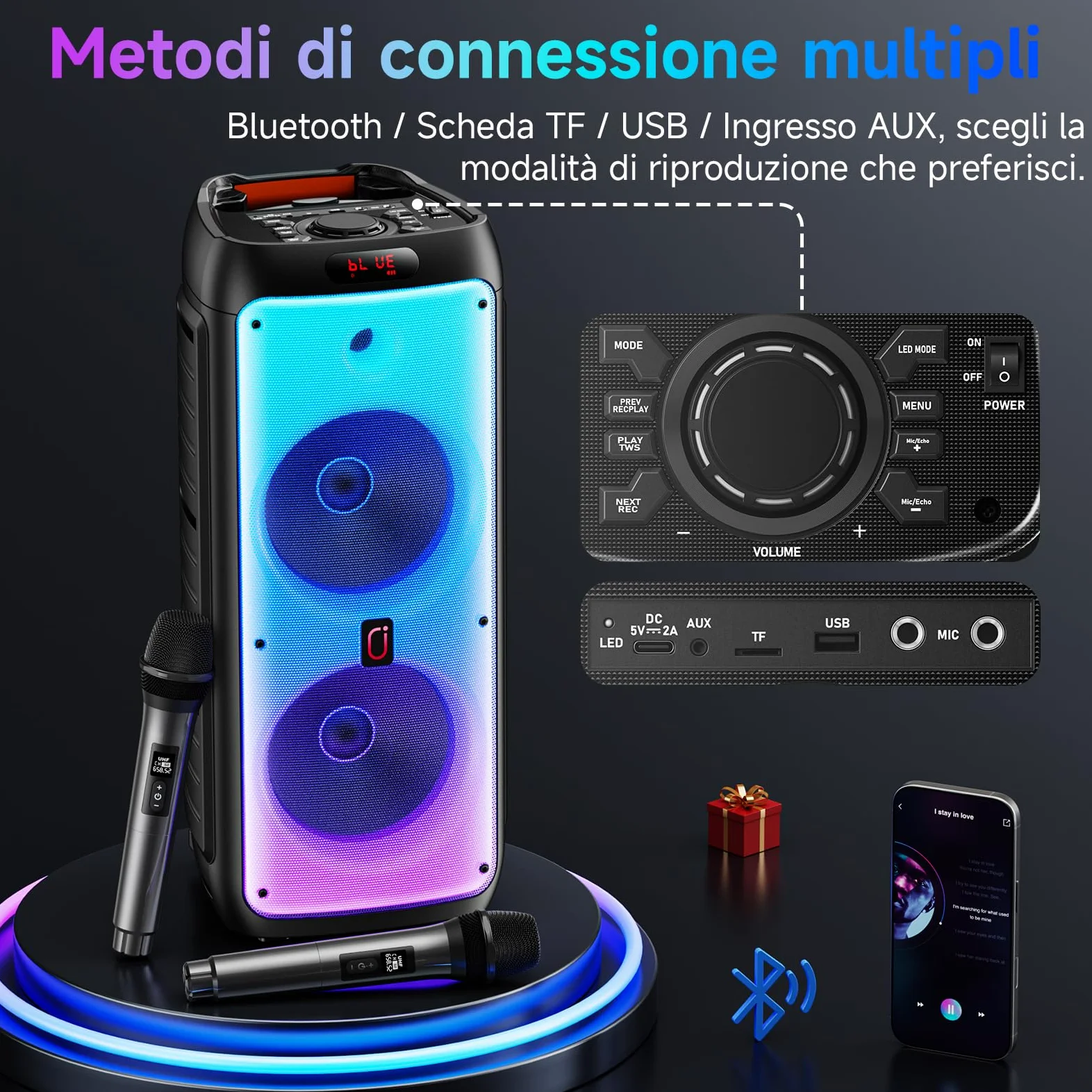JYX Sistema Karaoke con 2 Microfoni Wireless, Altoparlante Karaoke Bluetooth Portatile Professionale con Luci LED, Ideale per Feste in Famiglia e Regali, Supporta USB/TF/AUX/MIC/TWS