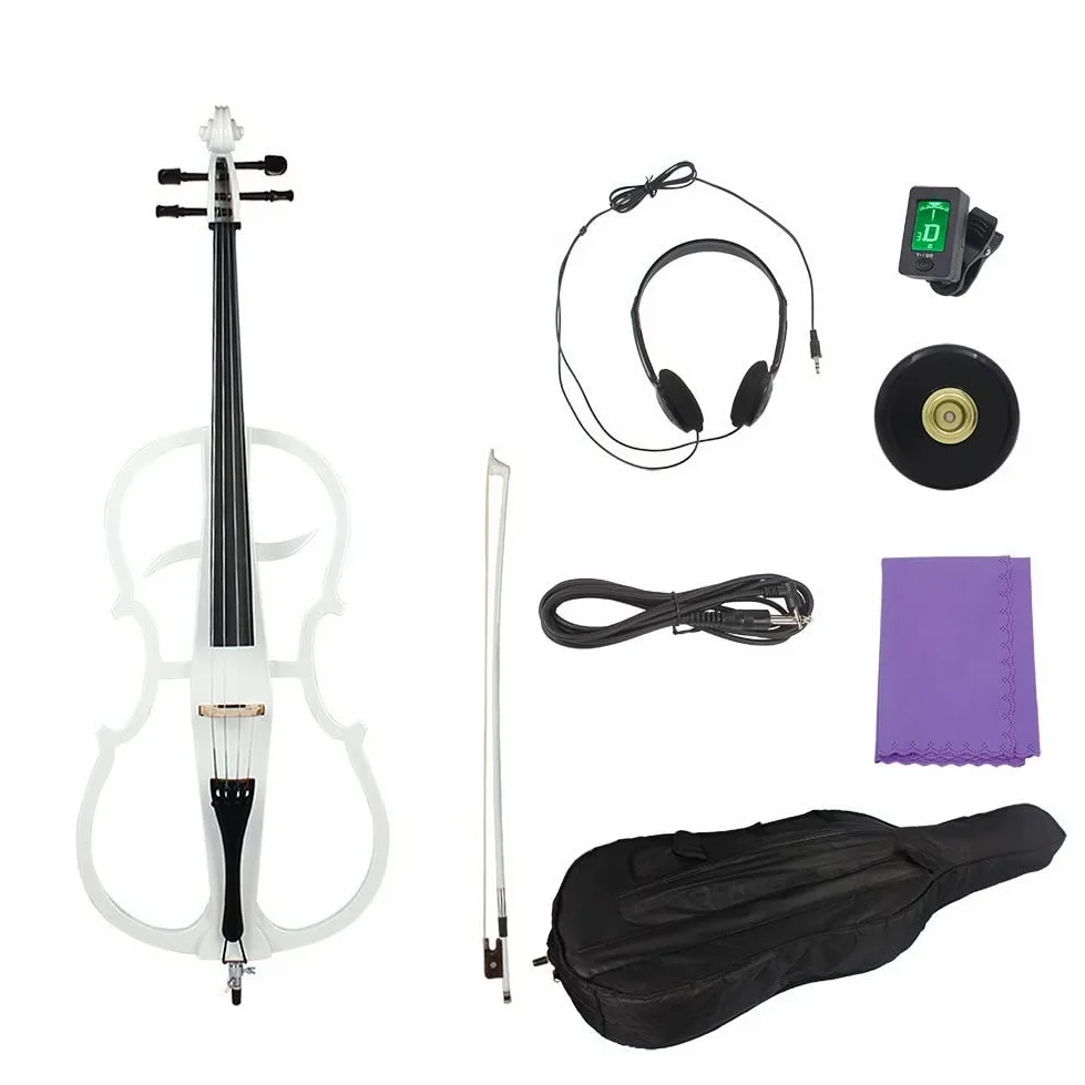 Violoncello elettrico in legno massello 4/4 per principianti adulti con custodia per cuffie con sintonizzatore a ponte ad arco