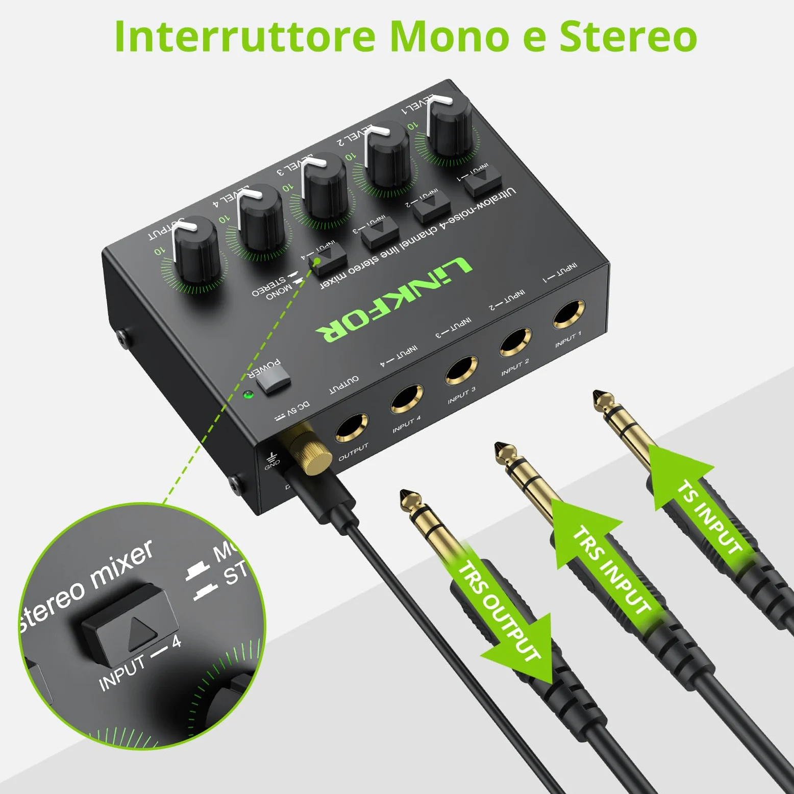 LiNKFOR Mixer Audio 4 Canali Stereo Multifunzionale 4 Channel Audio Mixer con Controllo Indipendente del Volume Audio Mixer 4 Canali per Piccolo Bar Microfoni Chitarre Bassi Tastiere e Mixer di Palco
