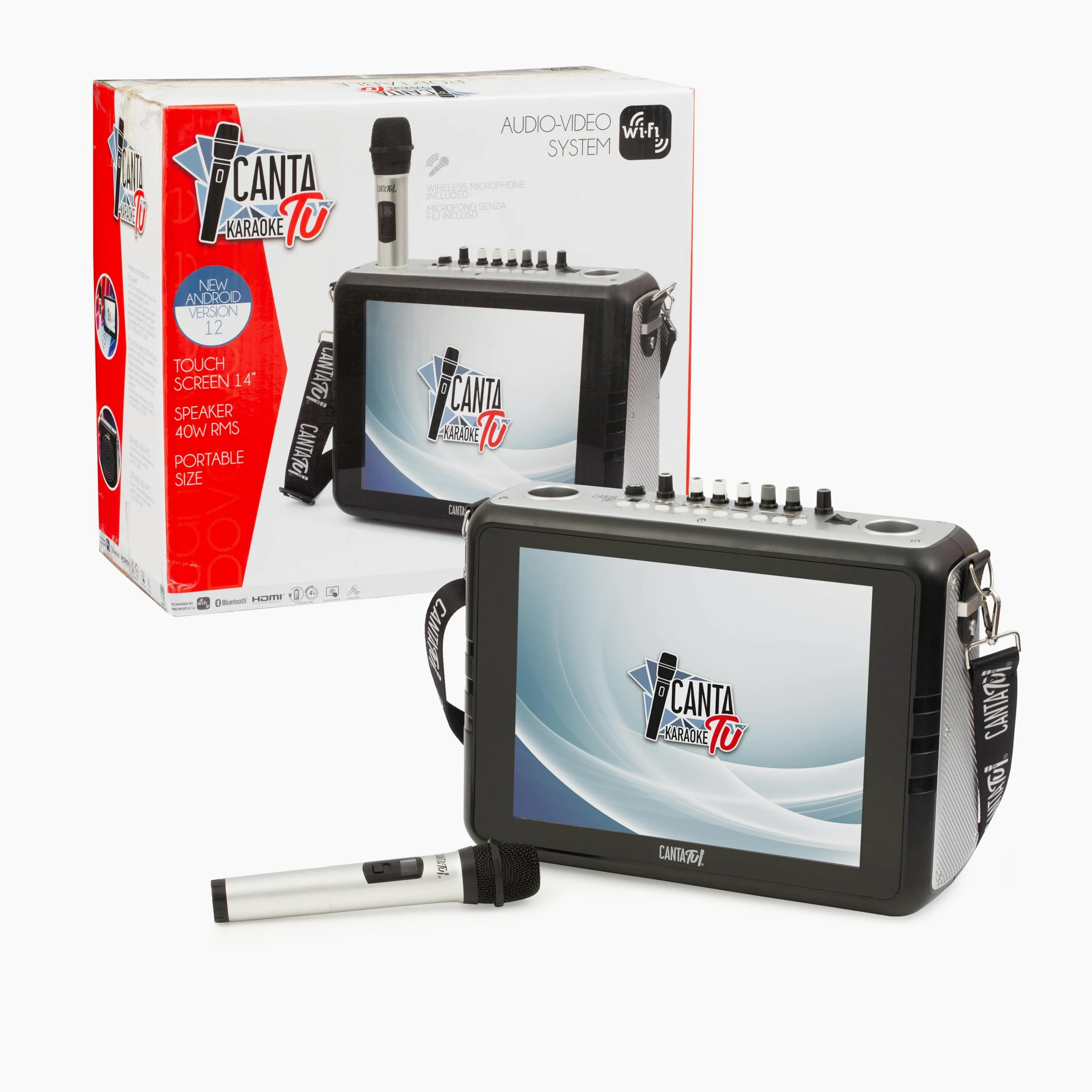 Canta Tu Karaoke Portatile 2024 - Karaoke Portatile Senza Fili Con Microfono Wireless,Tracolla, Ampio Display Touch, Connessione Wi-Fi, Effetti Vocali, Batteria Ricaricabile, Voice Changer, Argento