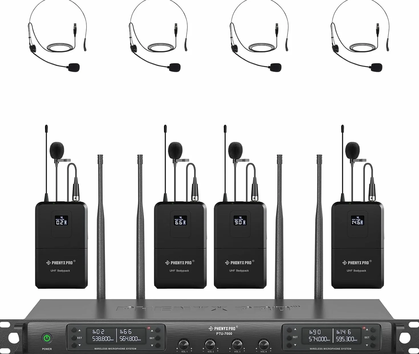 Phenyx Pro Sistema microfono wireless UHF a 4 canali con 4 bodypack, archetto/microfoni da bavero, 4x40 frequenze, scansione automatica, copertura di 328 piedi, per canto, DJ, chiesa (PTU-7000-4B)