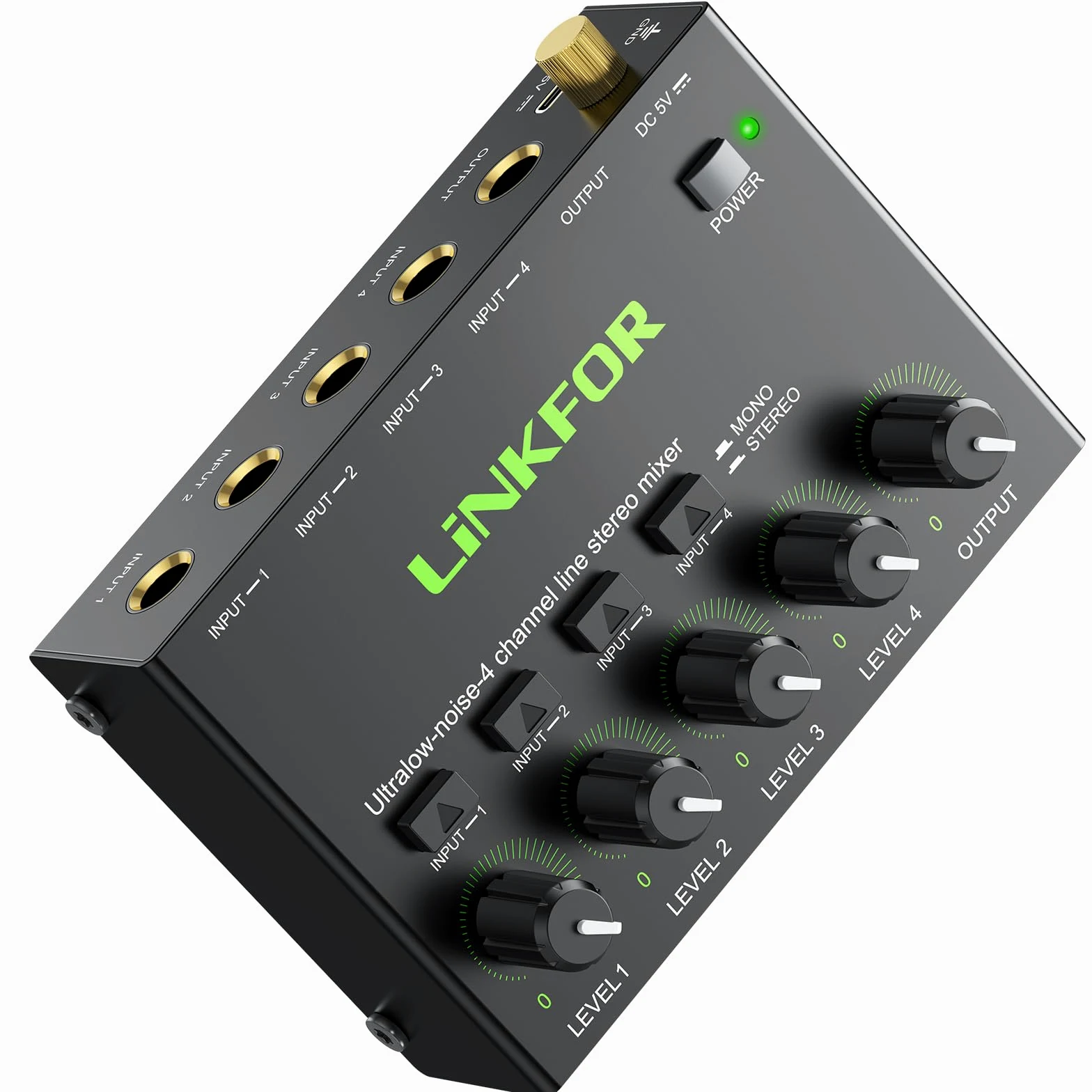 LiNKFOR Mixer Audio 4 Canali Stereo Multifunzionale 4 Channel Audio Mixer con Controllo Indipendente del Volume Audio Mixer 4 Canali per Piccolo Bar Microfoni Chitarre Bassi Tastiere e Mixer di Palco