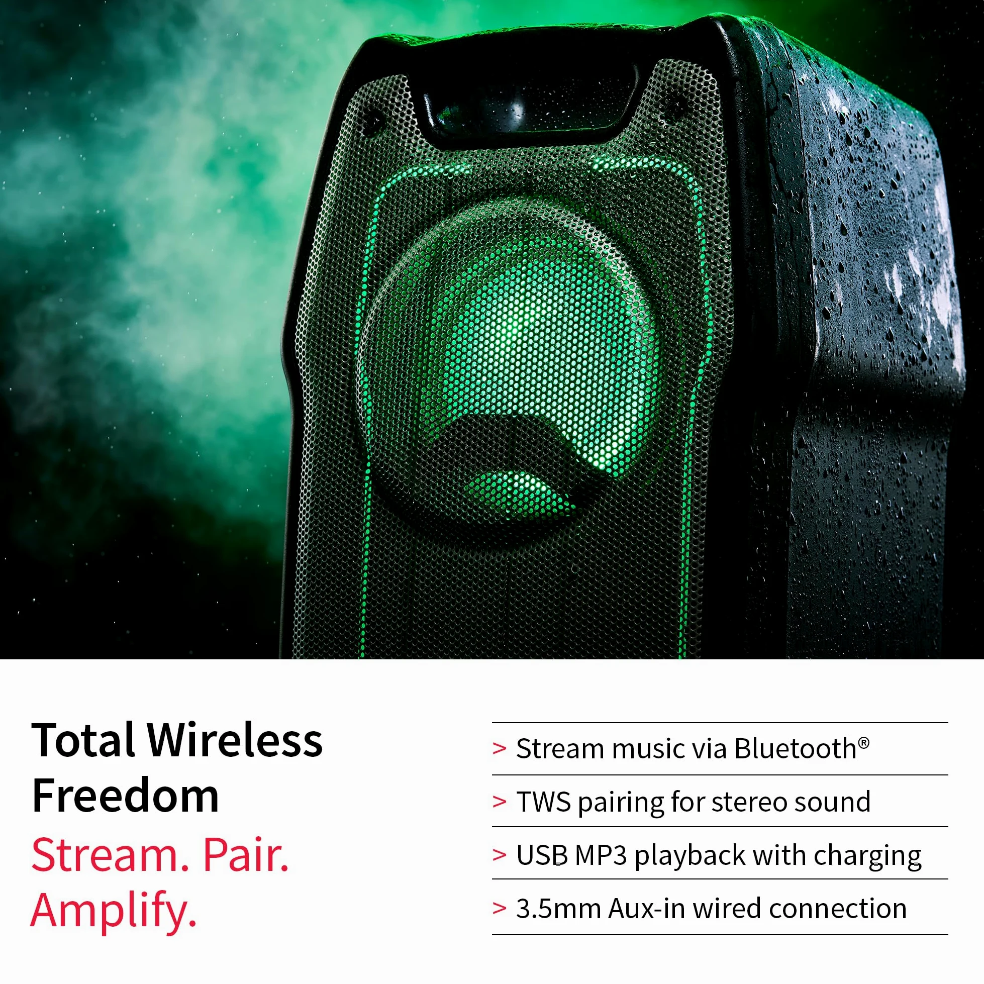 Sharp PS-931 Party Speaker, microfono, TWS, Bluetooth, 2xUSB, 2 porte da 6,3 mm per microfono e chitarra, luci multicolori, 180W P.maxima, batteria litio integrata con fino a 13 ore di riproduzione