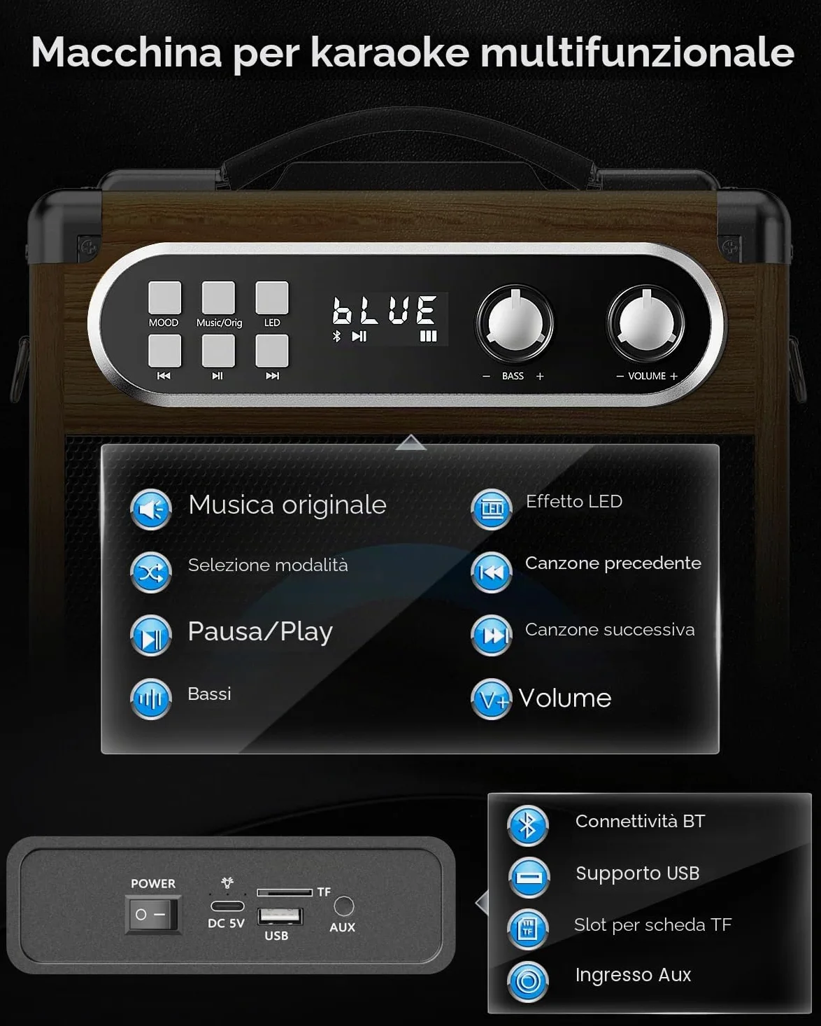 Karaoke Macchina portatile Karaoke professionale con 2 microfoni wireless UHF, sist. PA con lampada DJ, ideale per karaoke familiare, feste di canto, feste di matrimonio, matrimonio
