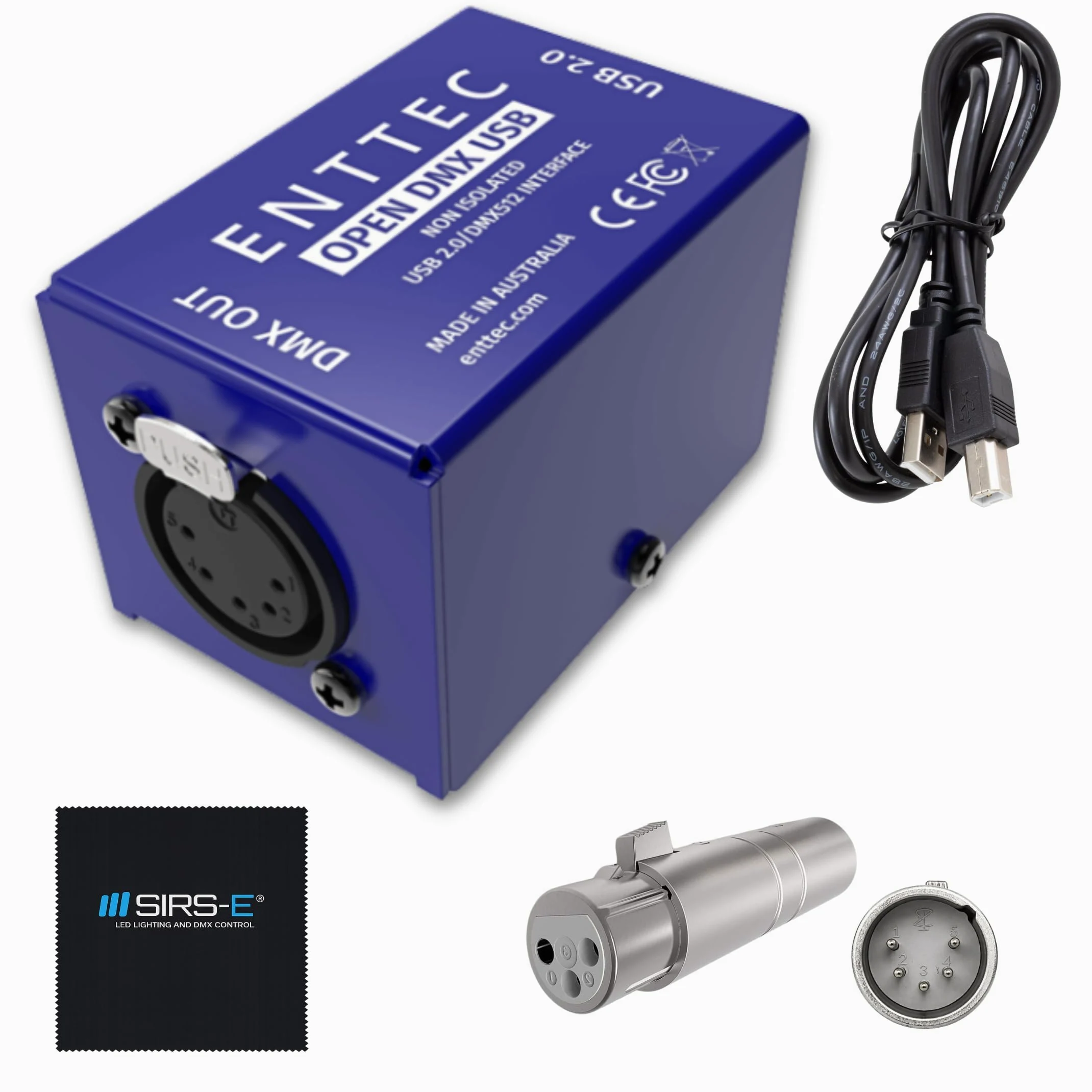 Enttec Open DMX USB 70303 - Controller widget per interfaccia di illuminazione (open source/hardware), con adattatore SIRS-E da 5 pin a XLR a 3 pin, con panno SIRS-E per la pulizia