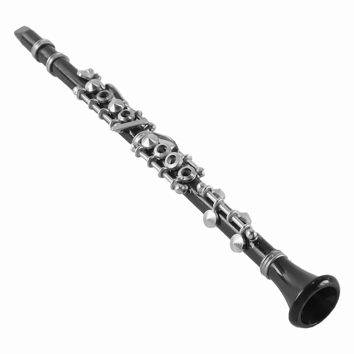 Spilla decorativa in vinile nero in metallo, modello di clarinetto basso in miniatura, 16 cm, scala 1/6, con custodia nera e supporto.