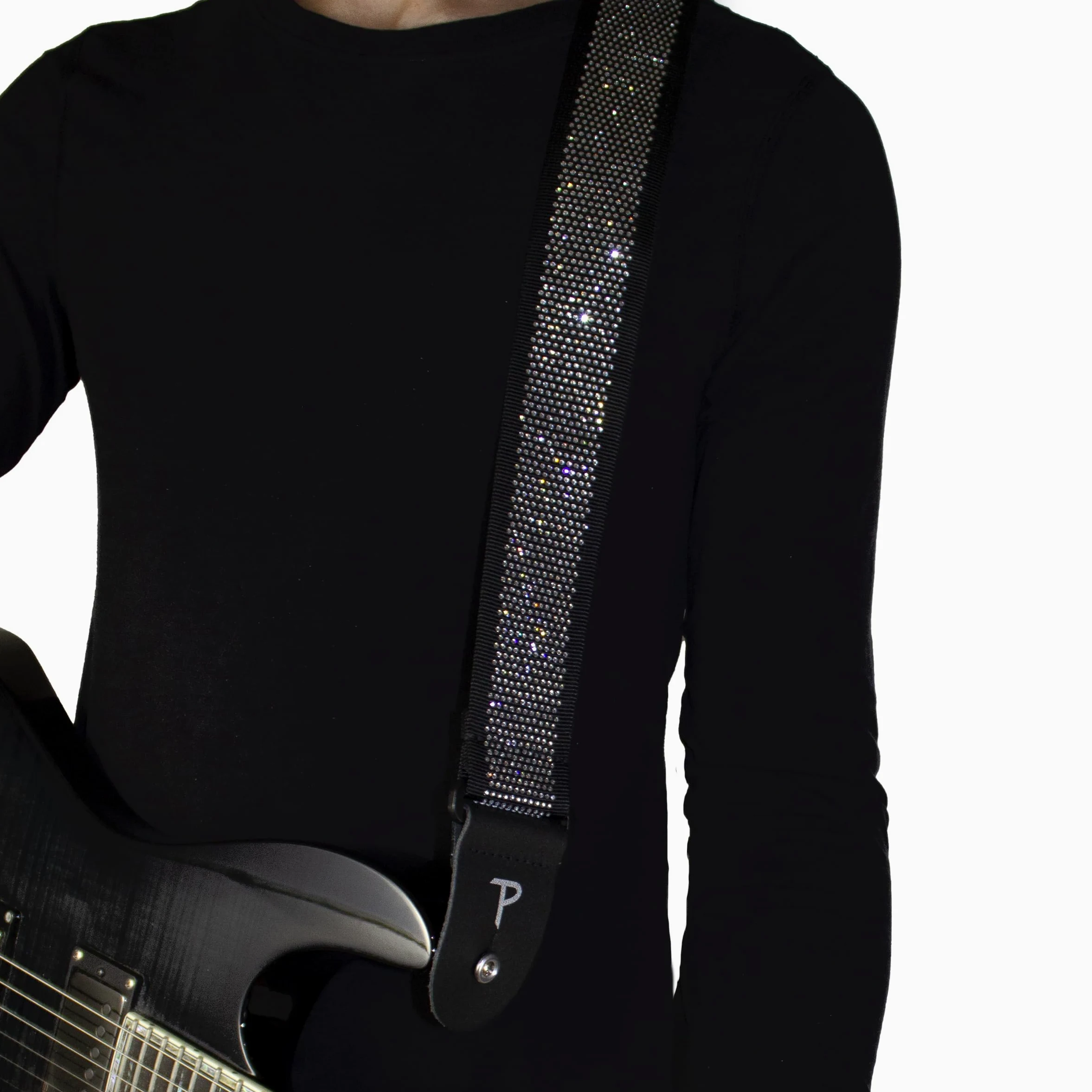 Perri's Leathers, tracolla per chitarra in jacquard con strass, lunghezza regolabile, larghezza 5,1 cm, colore nero con strass, accessori per chitarra