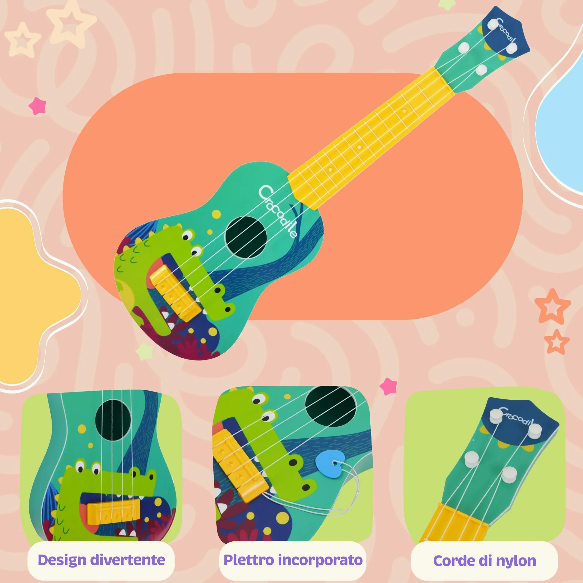 A-Star Little Star Crocodile Ukulele Giocattolo Musicale Divertente per Bambini - Corde in Nylon