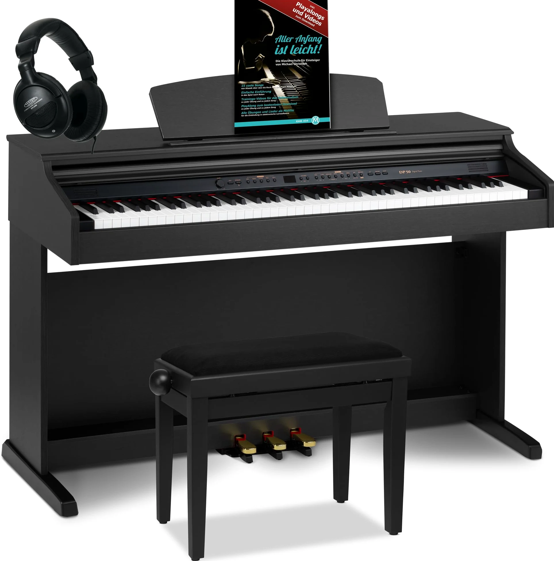 Classic Cantabile DP-50 SM Pianoforte digitale - 88 Tasti con tastiera pesata hammer action - Pianola musicale con USB, 32 polifonia, 3 pedali - Piano digitale Set con Panchetta e Cuffi - Nero Opaco
